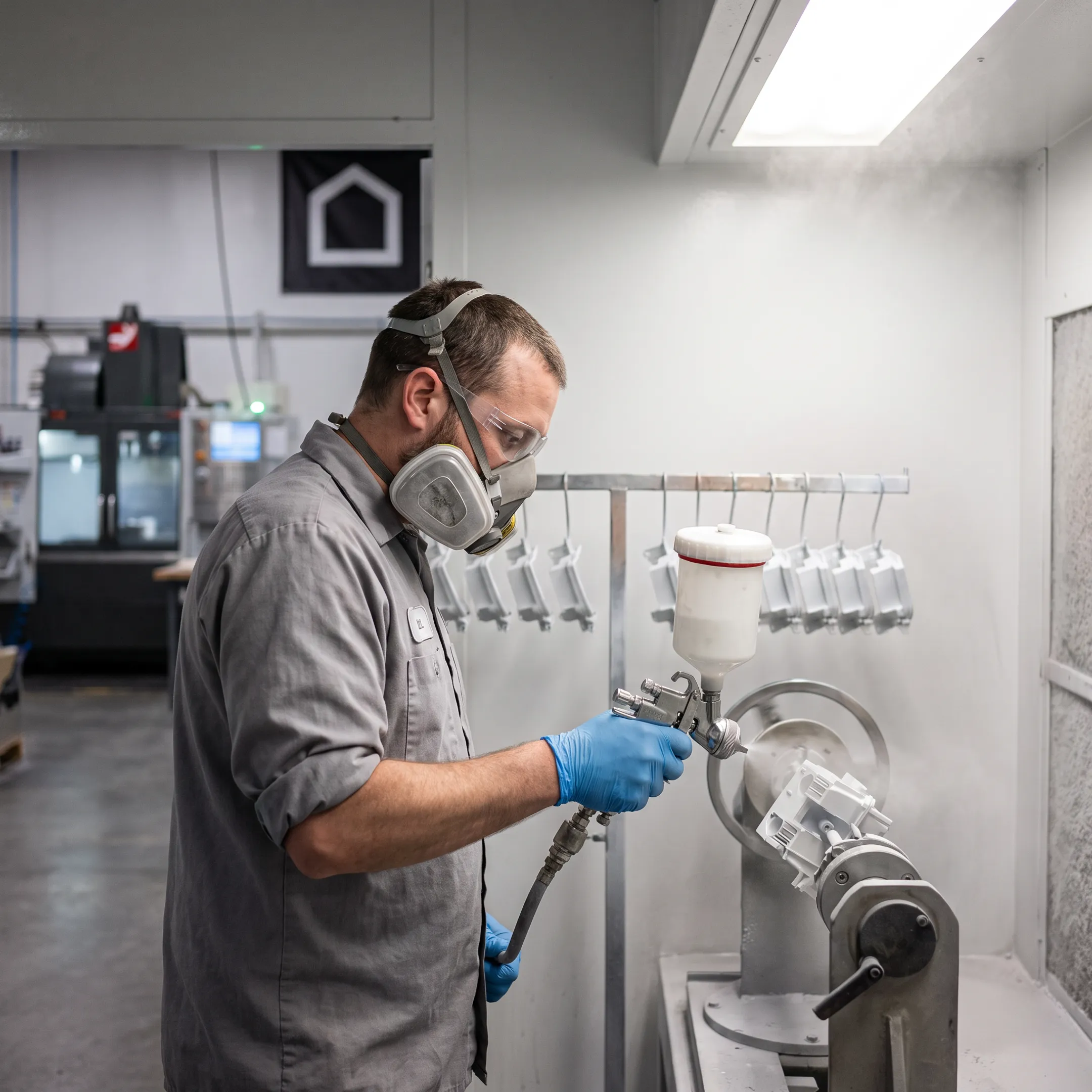 Technician applying a precision coating to a manufactured component