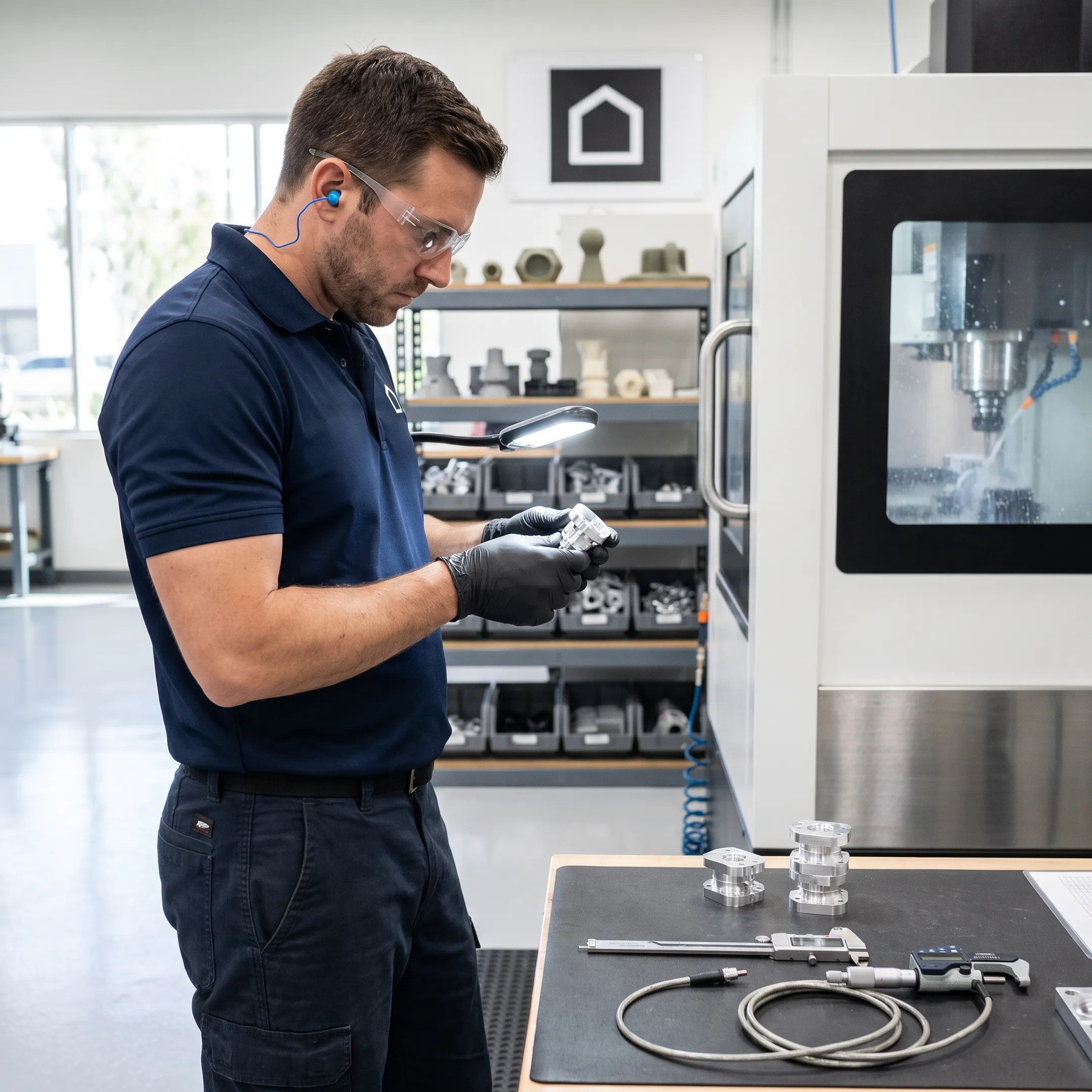 Technician inspecting precision manufactured components