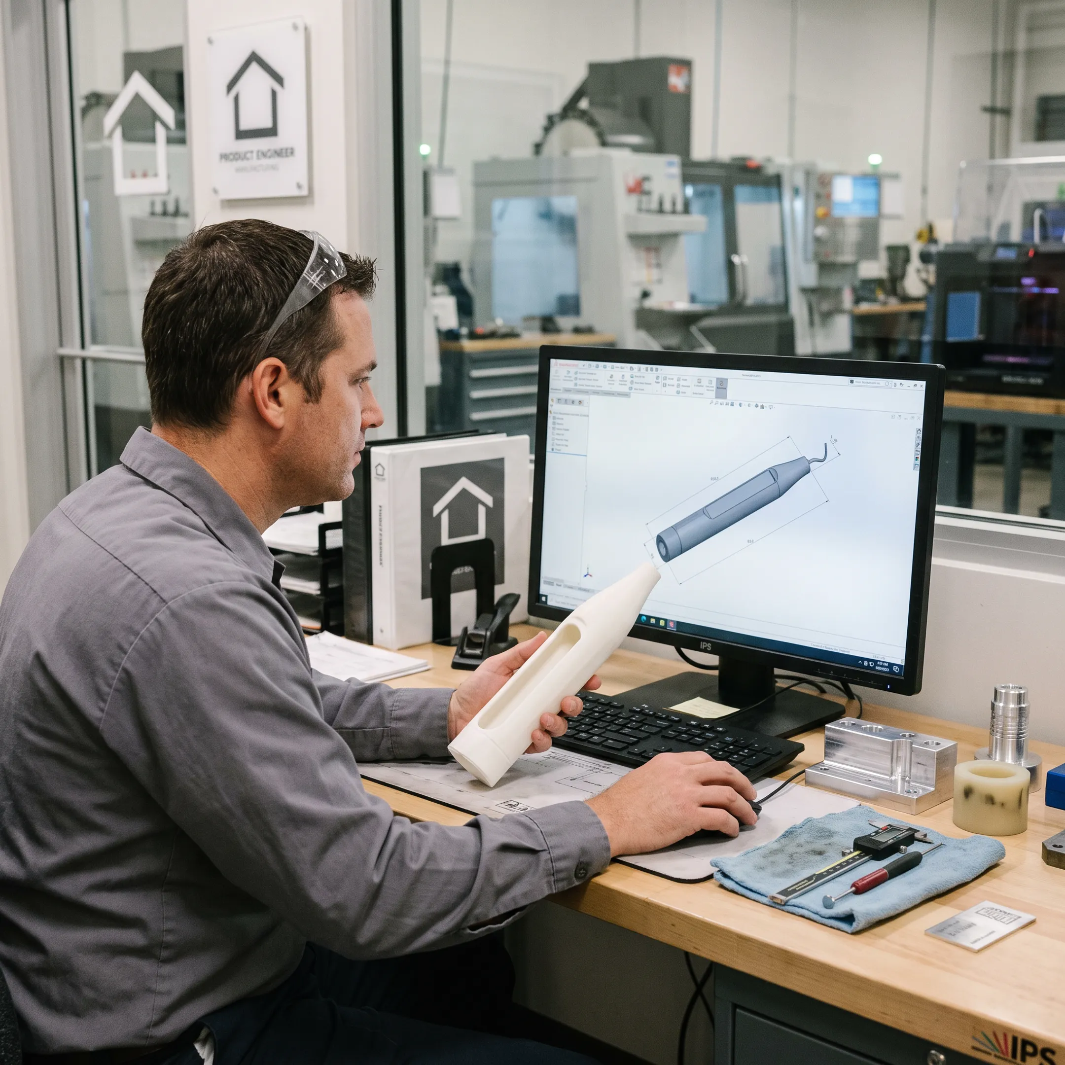 Engineer reviewing prototype parts and CAD model