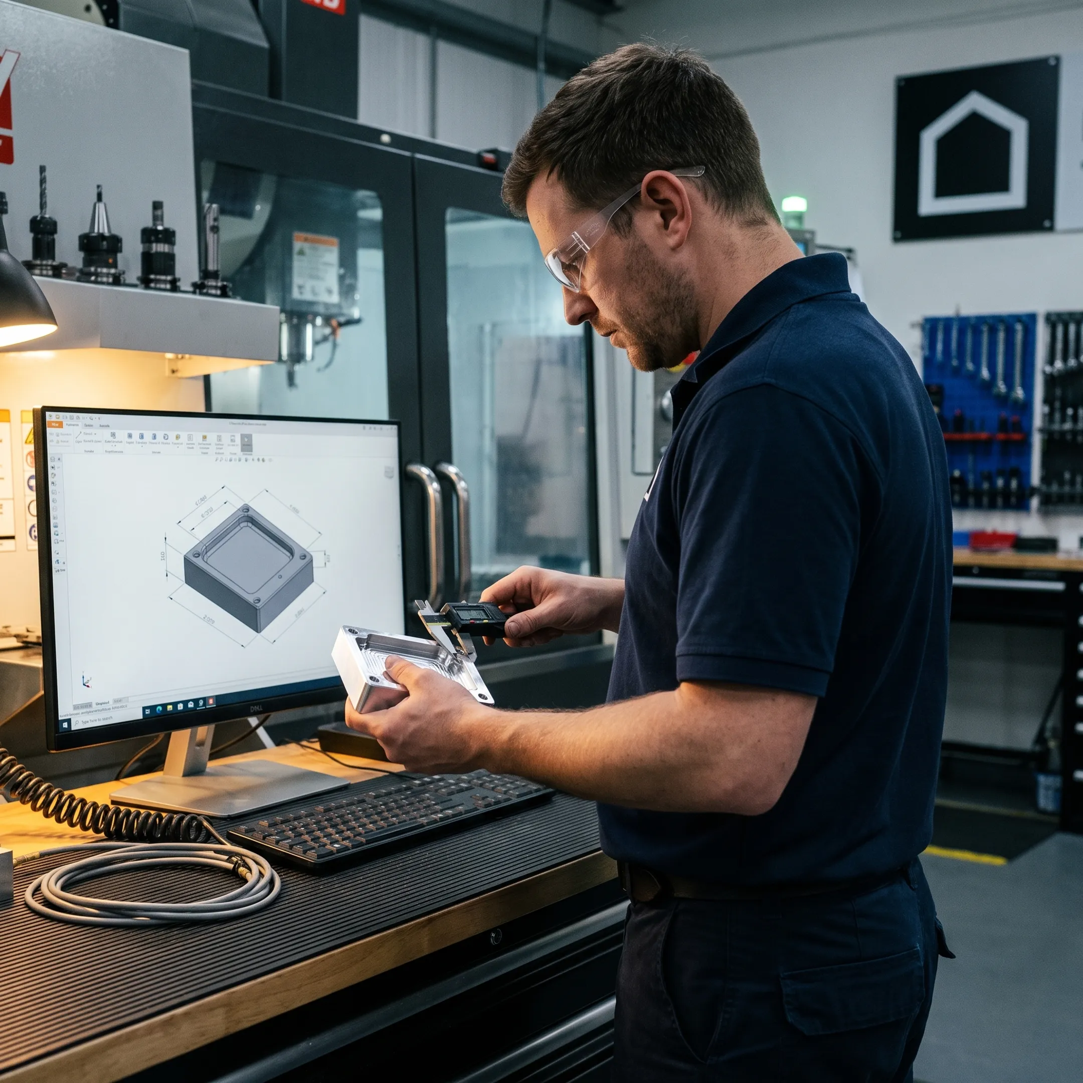 Technician reviewing a machined part and CAD model