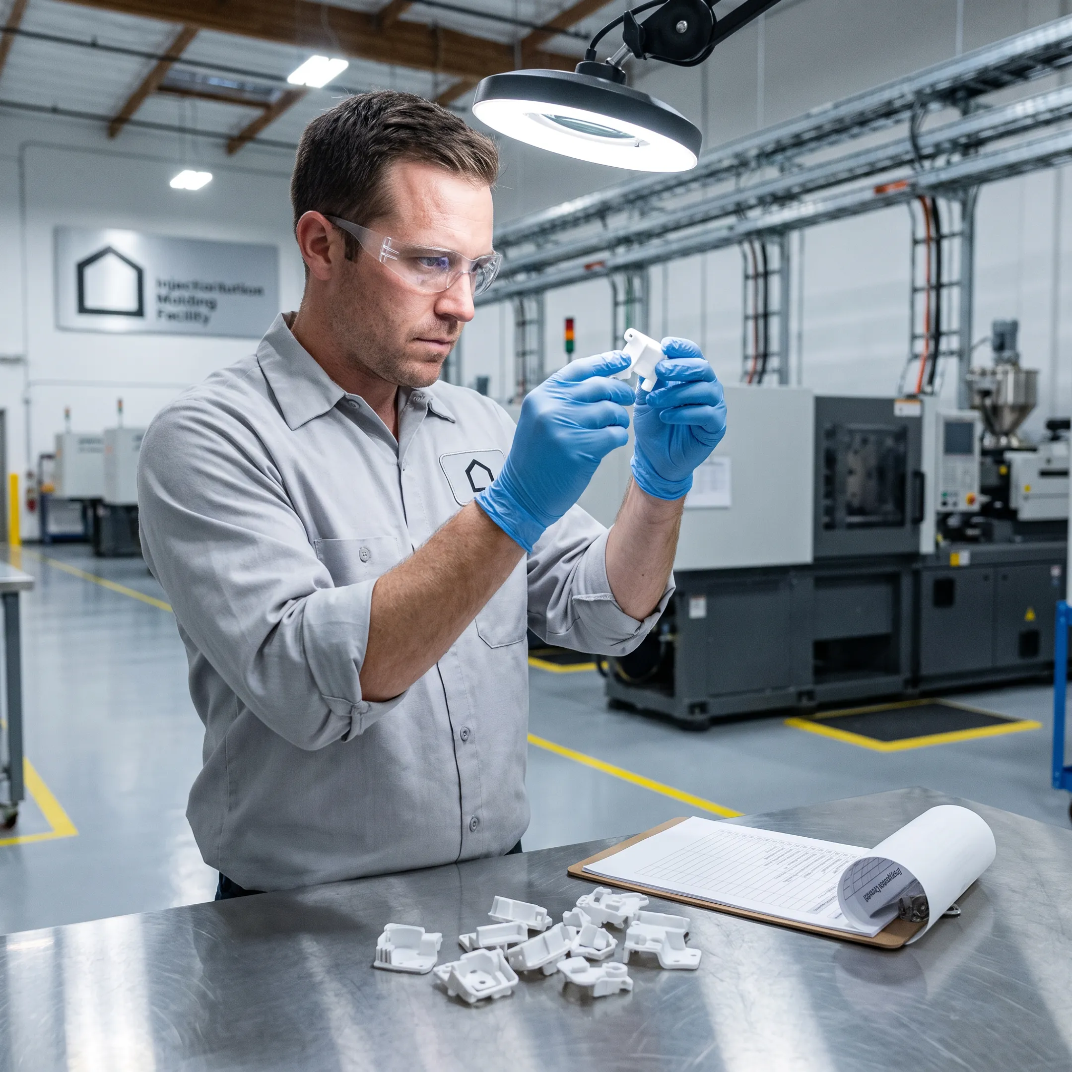 Technician inspecting prototype injection molded plastic parts
