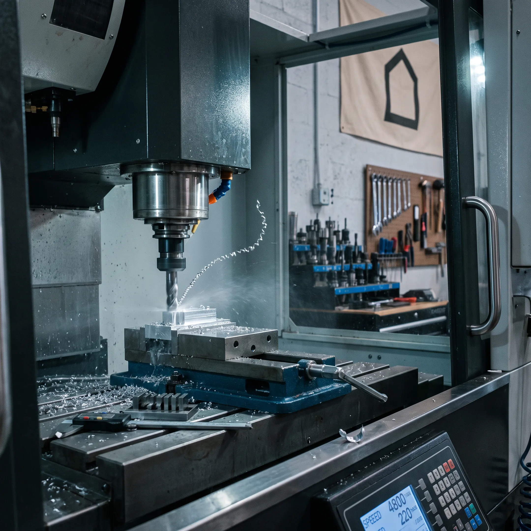 Machined aluminum component on a CNC milling machine