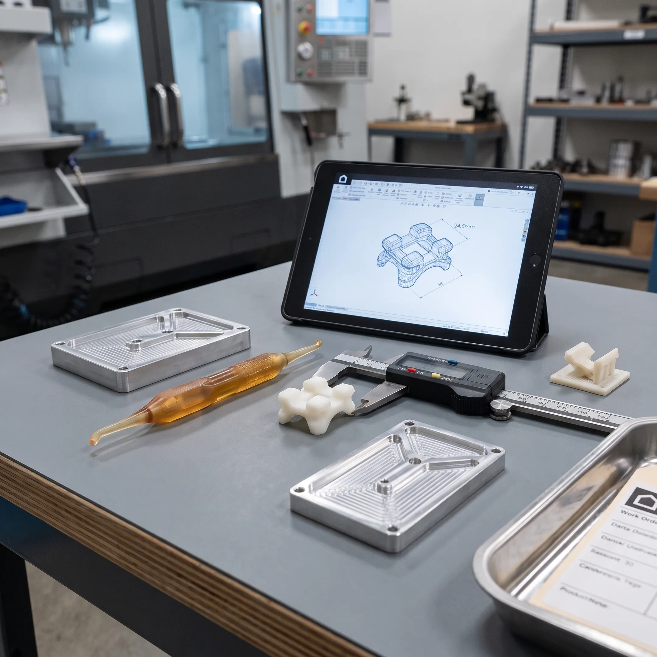 Plastic prototype parts and machined tooling on a workbench