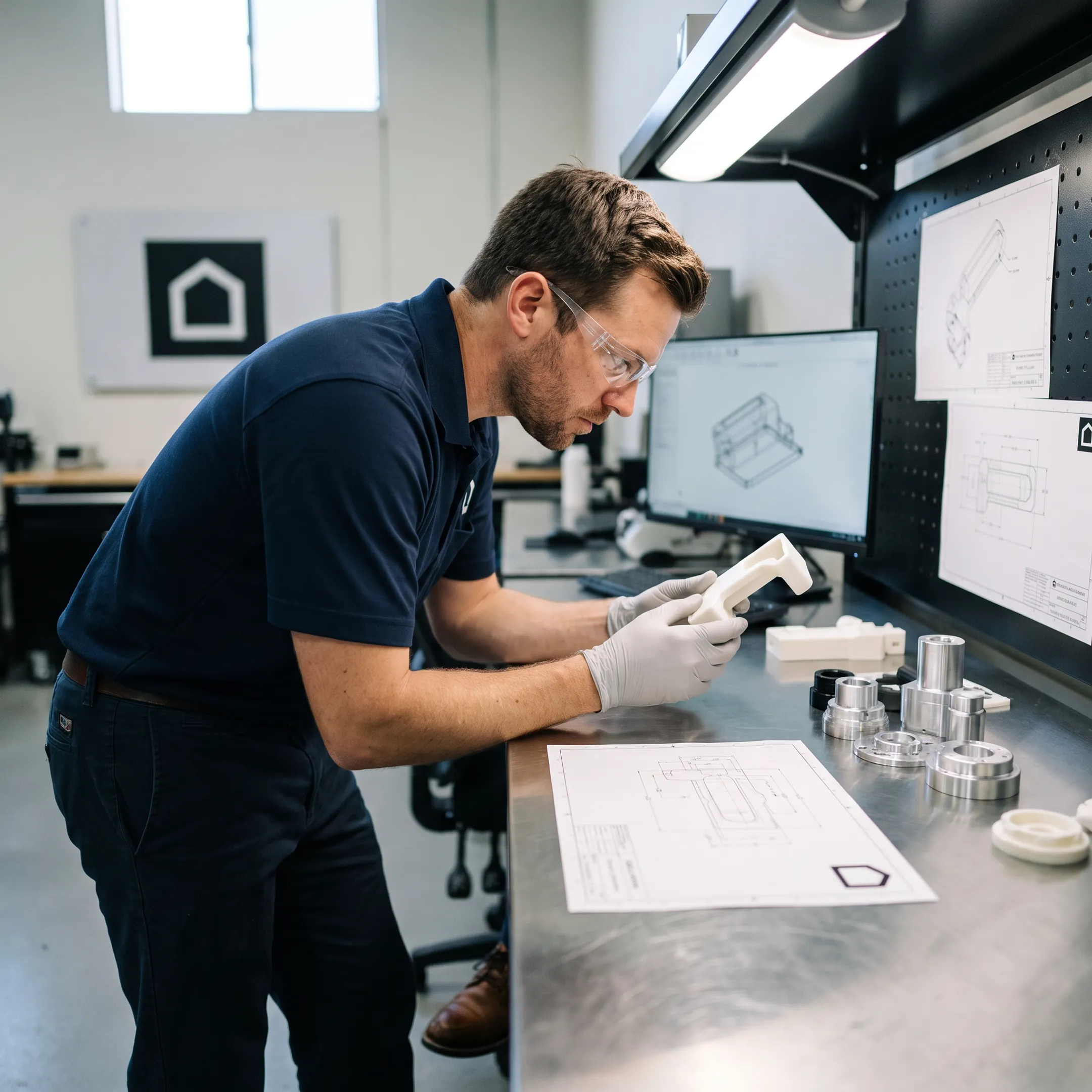 Technician inspecting a plastic prototype tooling component
