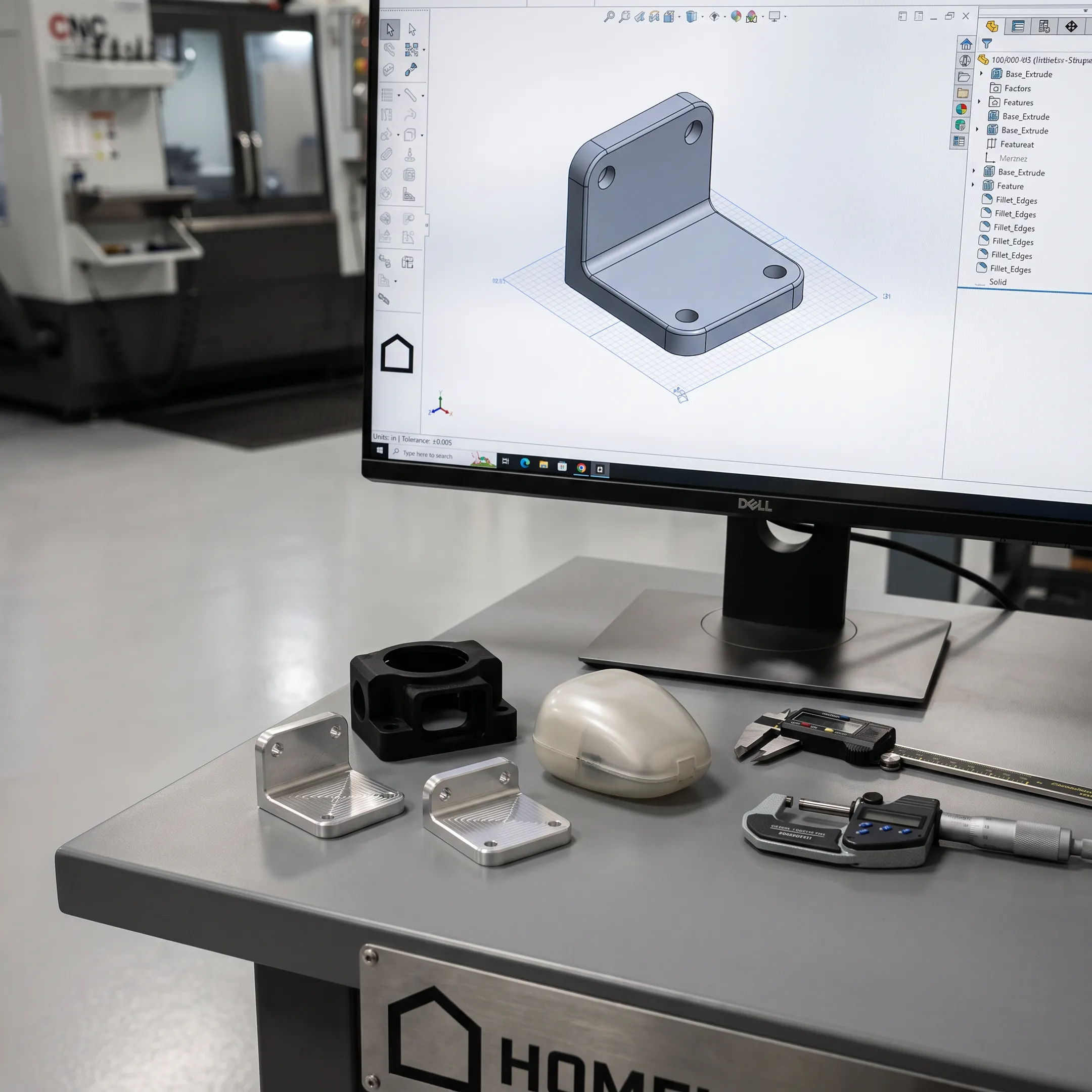 Machined prototype parts beside CAD design