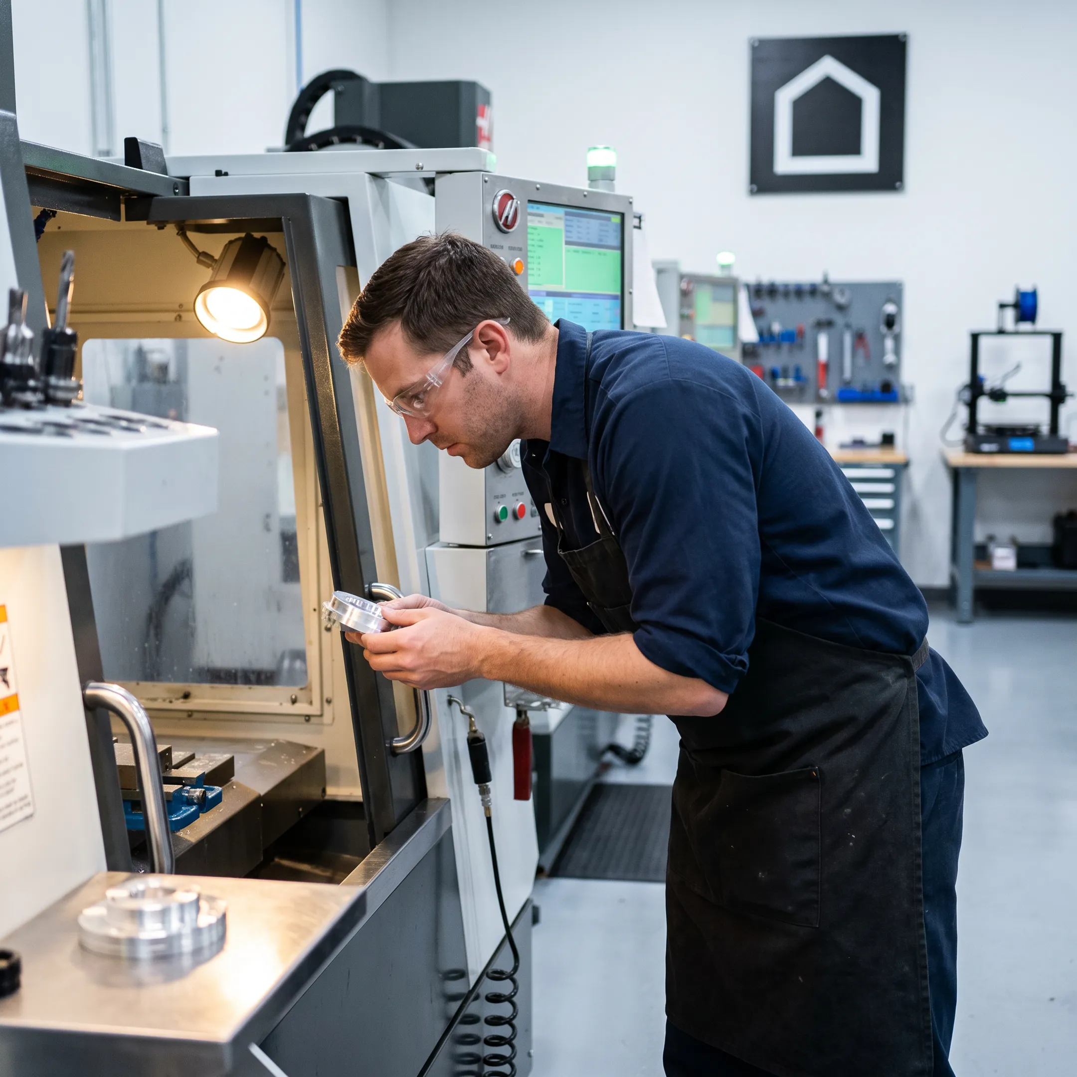 Machinist operating a CNC machine on a precision part