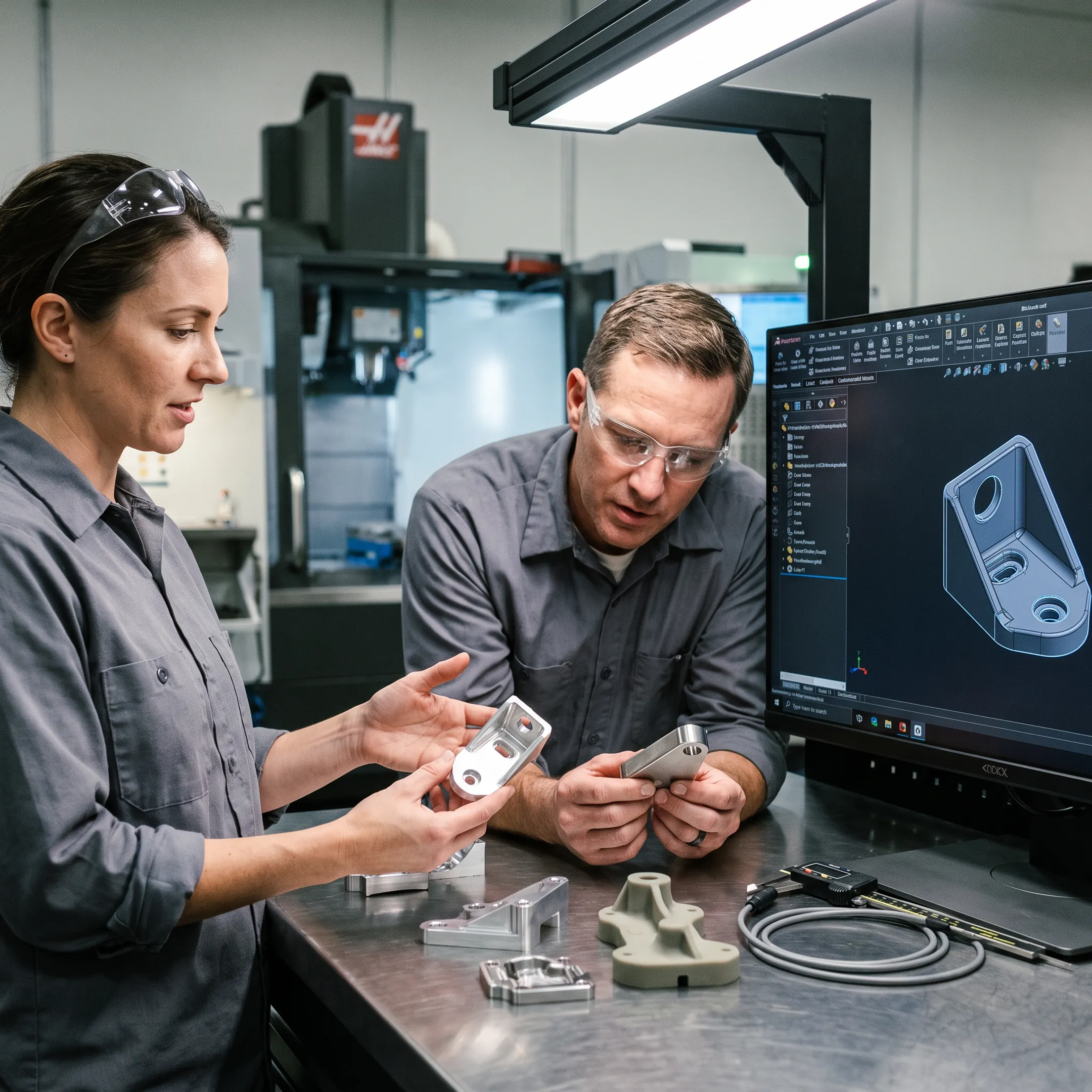 Engineers reviewing machined prototype parts and digital model