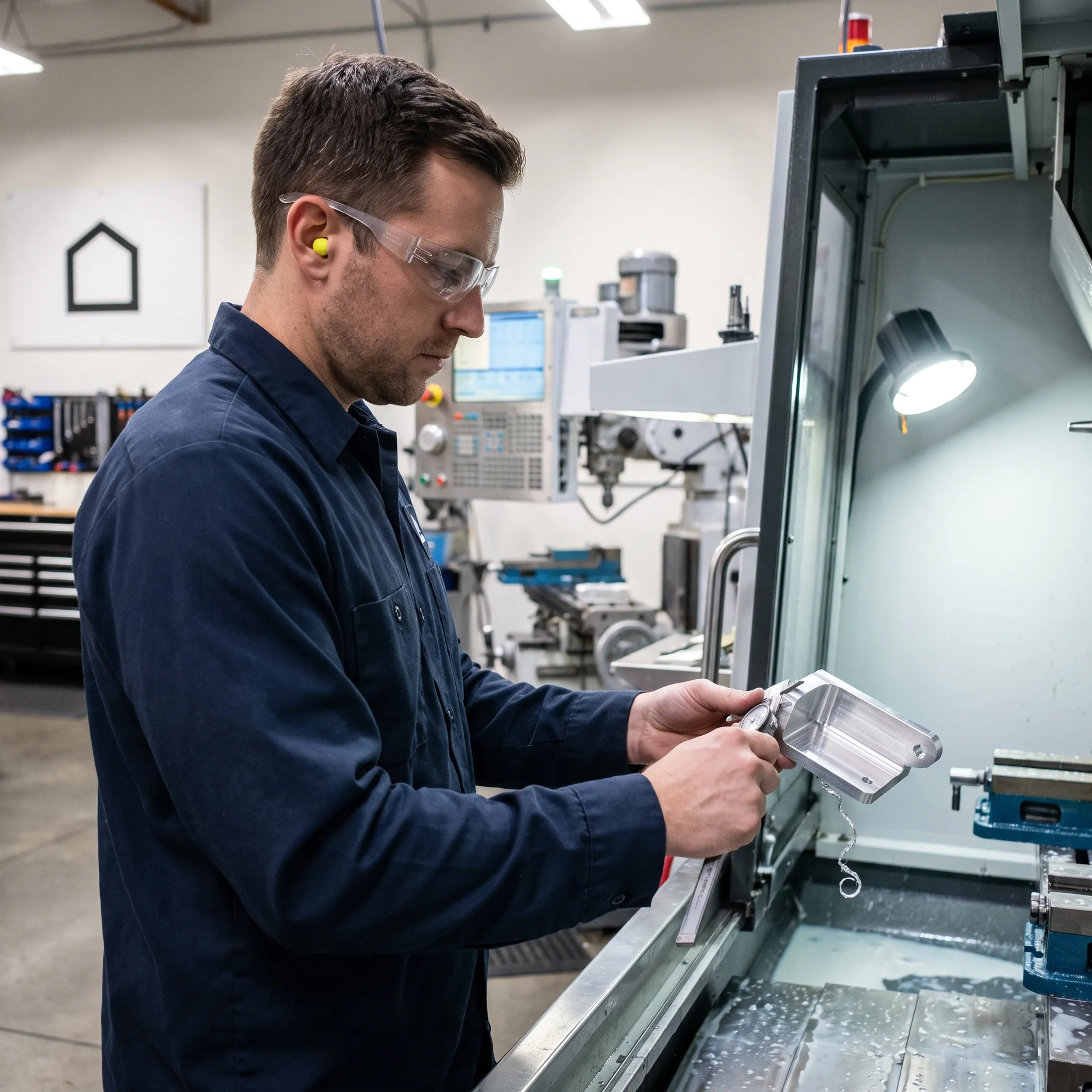 Technician operating a CNC machine on a precision component