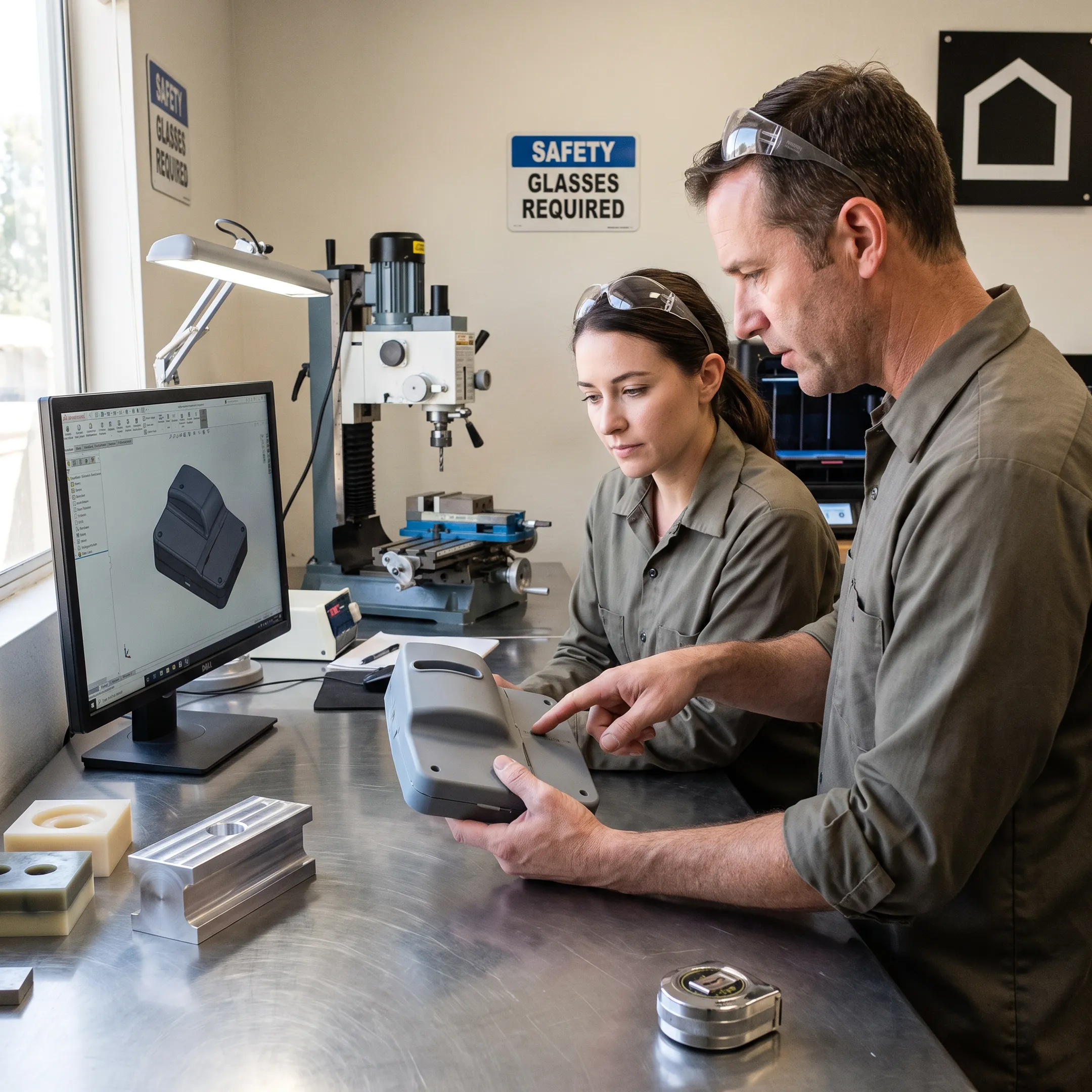 Engineers reviewing a product prototype