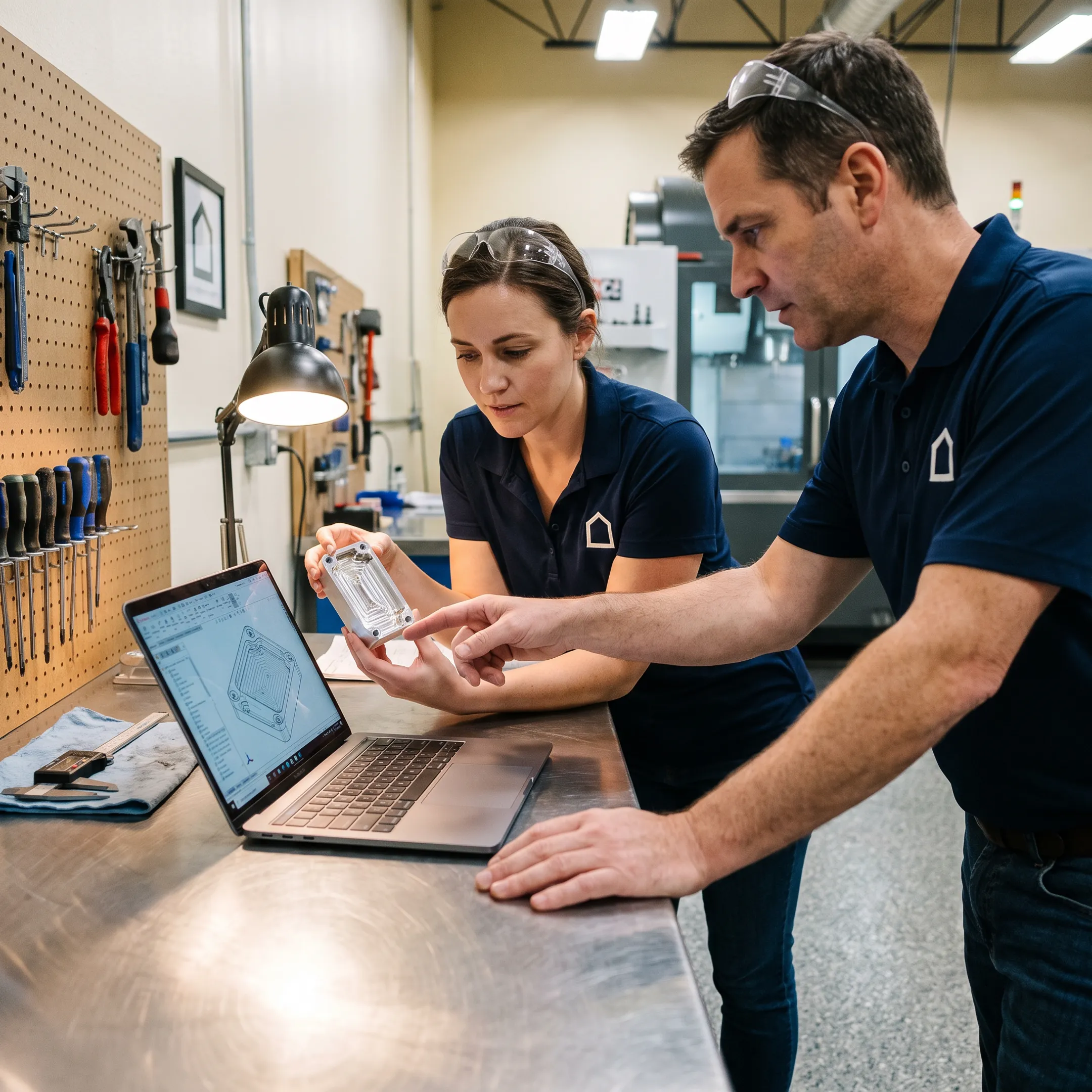 Engineers reviewing a machined prototype and CAD model