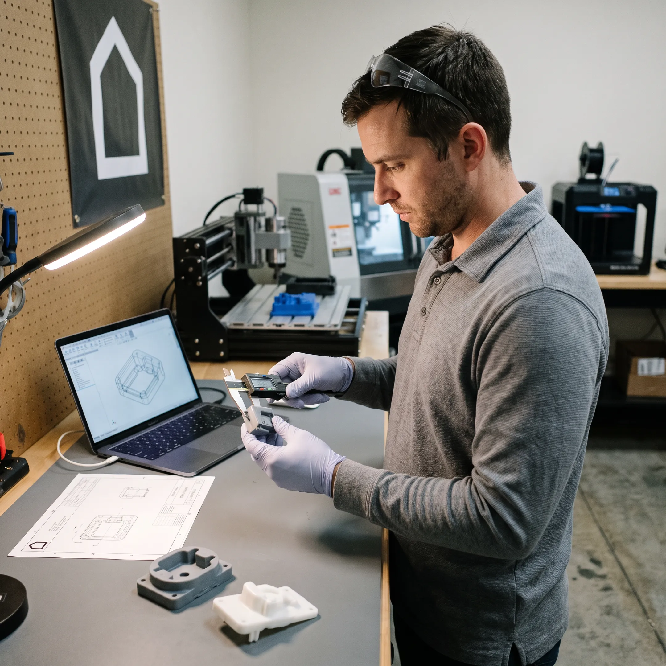 Technician inspecting manufactured product parts