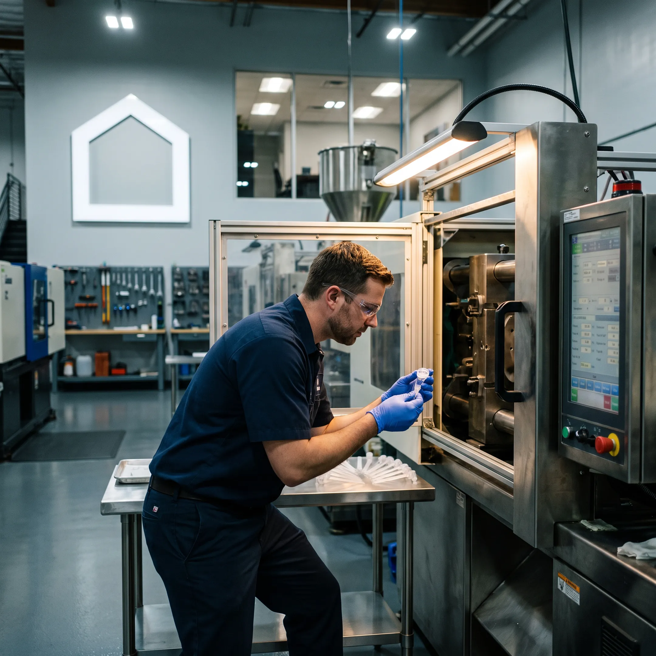 Technician operating plastic injection molding equipment