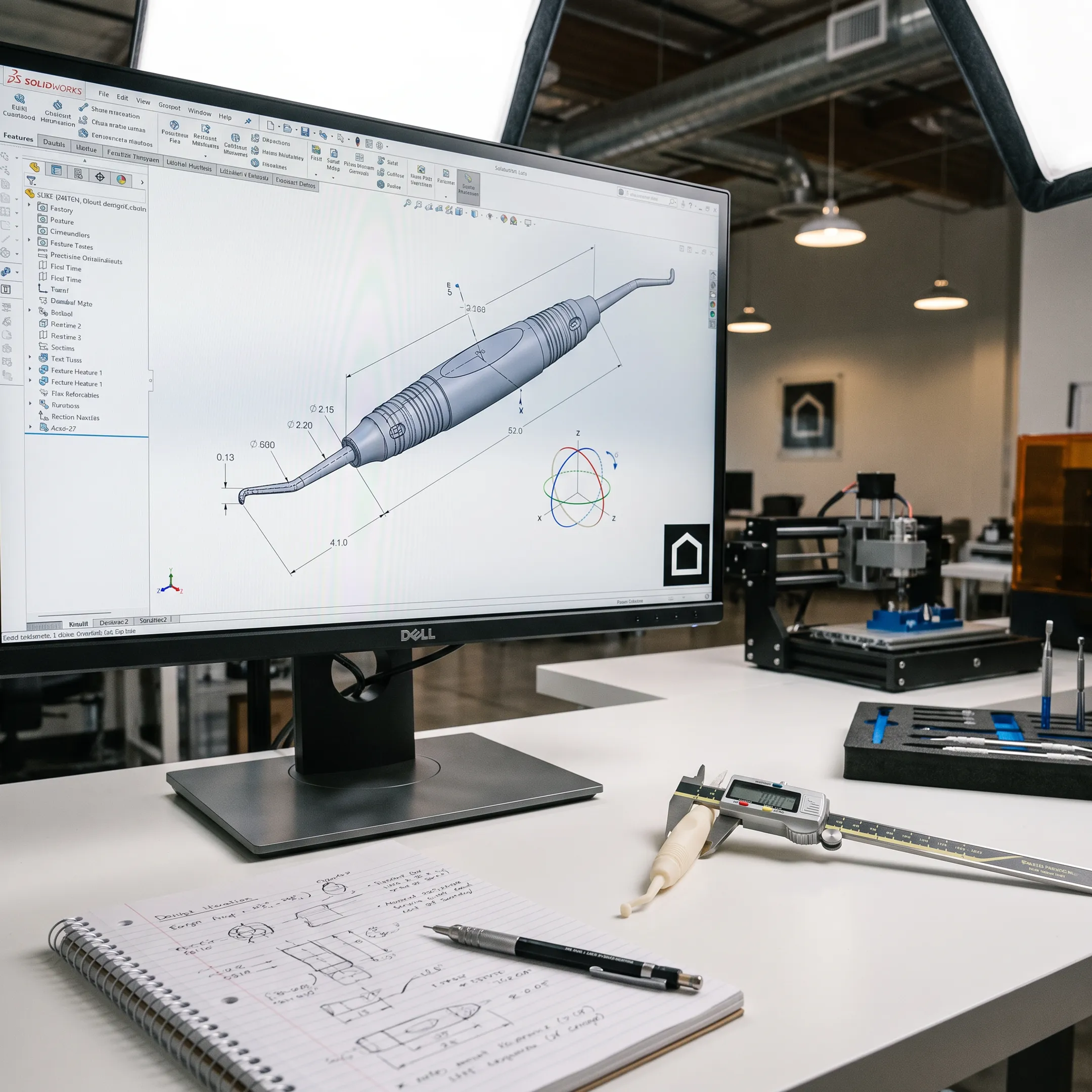 Detailed CAD model displayed beside a prototype