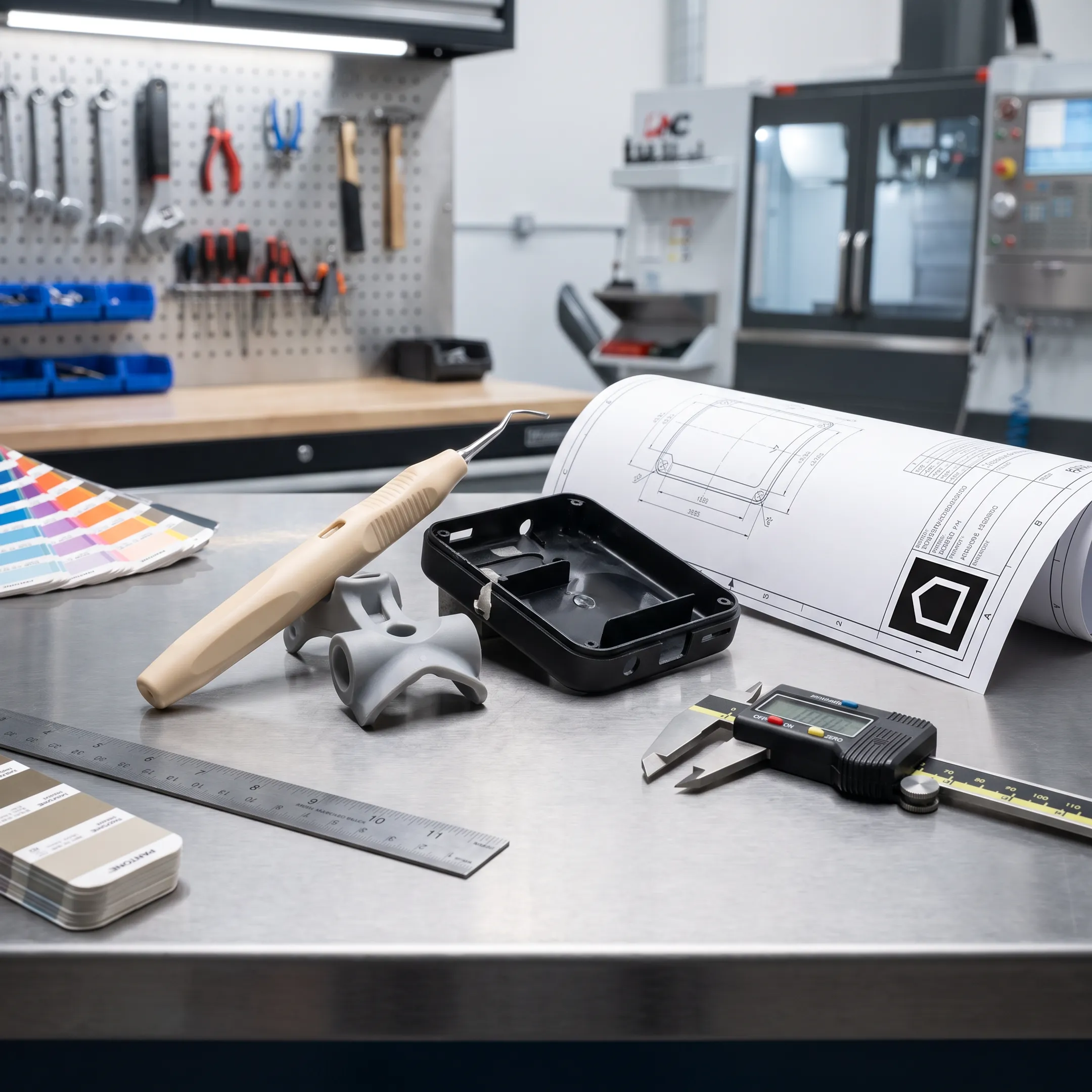Precision molded plastic components on a workbench