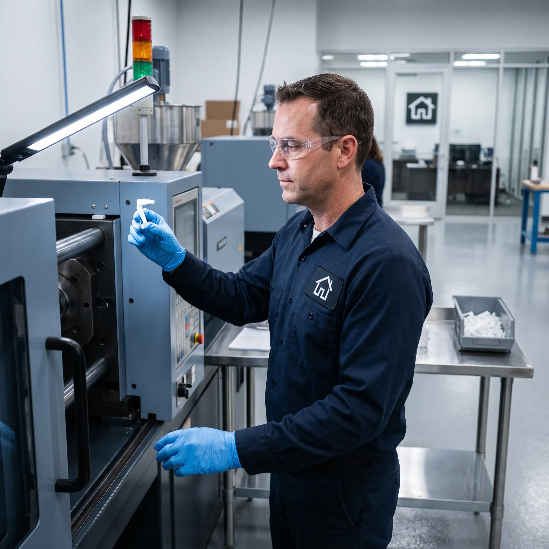 Technician operating a plastic injection molding machine