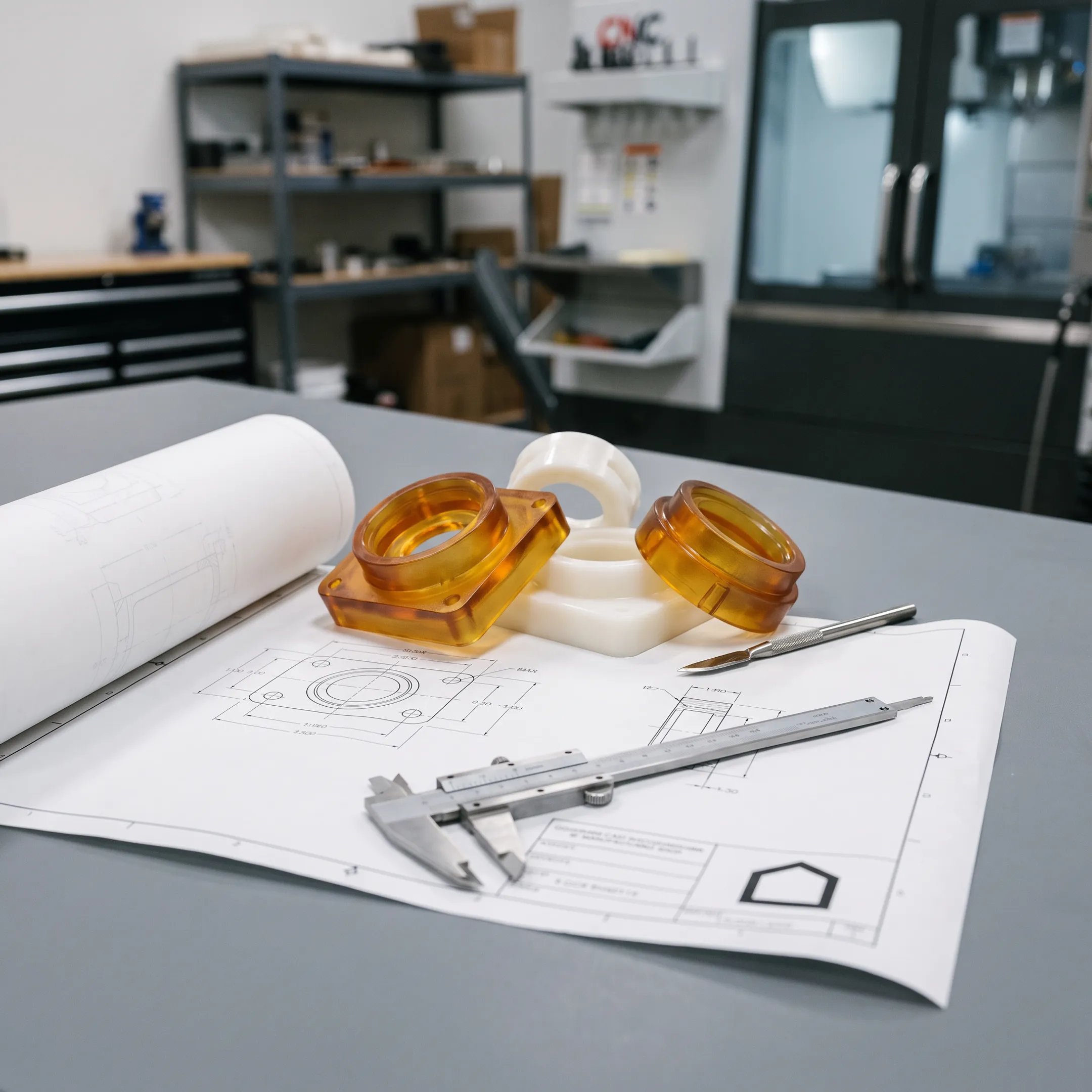 Custom polyurethane components on a manufacturing workbench