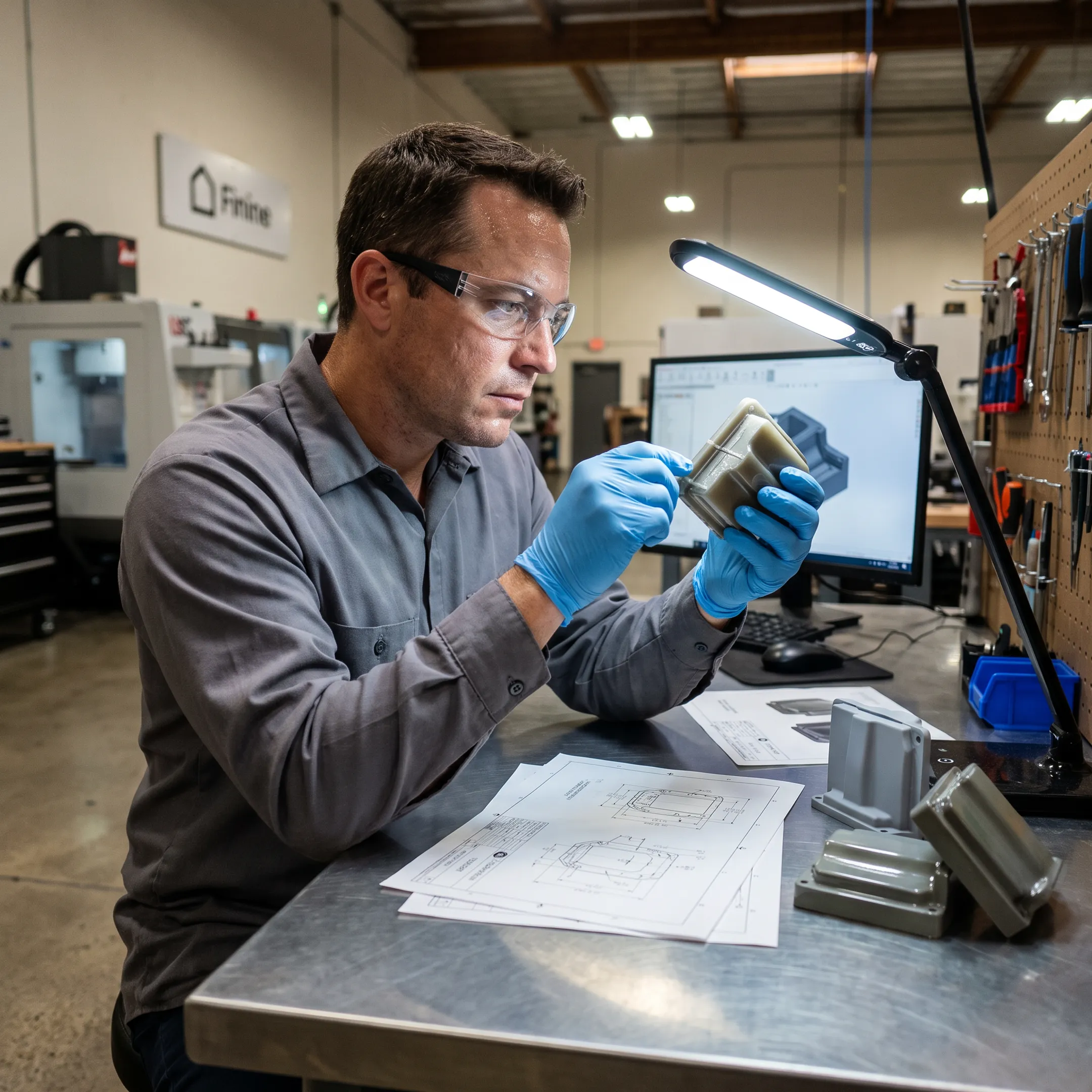 Technician inspecting a custom urethane casting