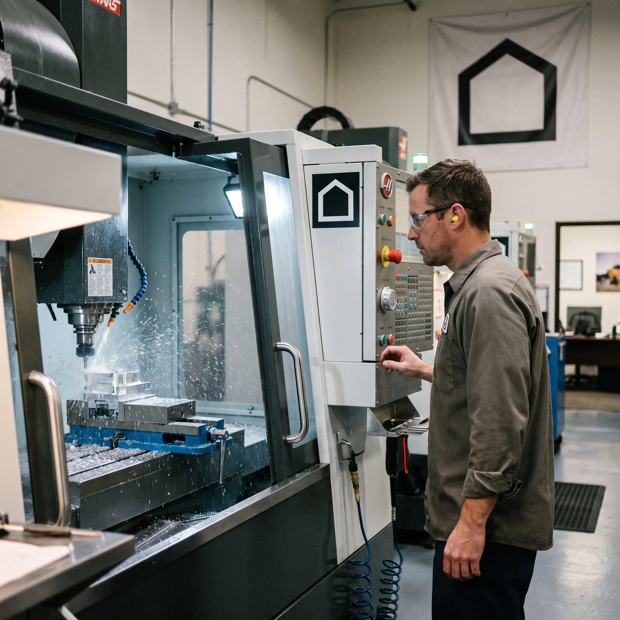 Technician operating a CNC machine on a precision part