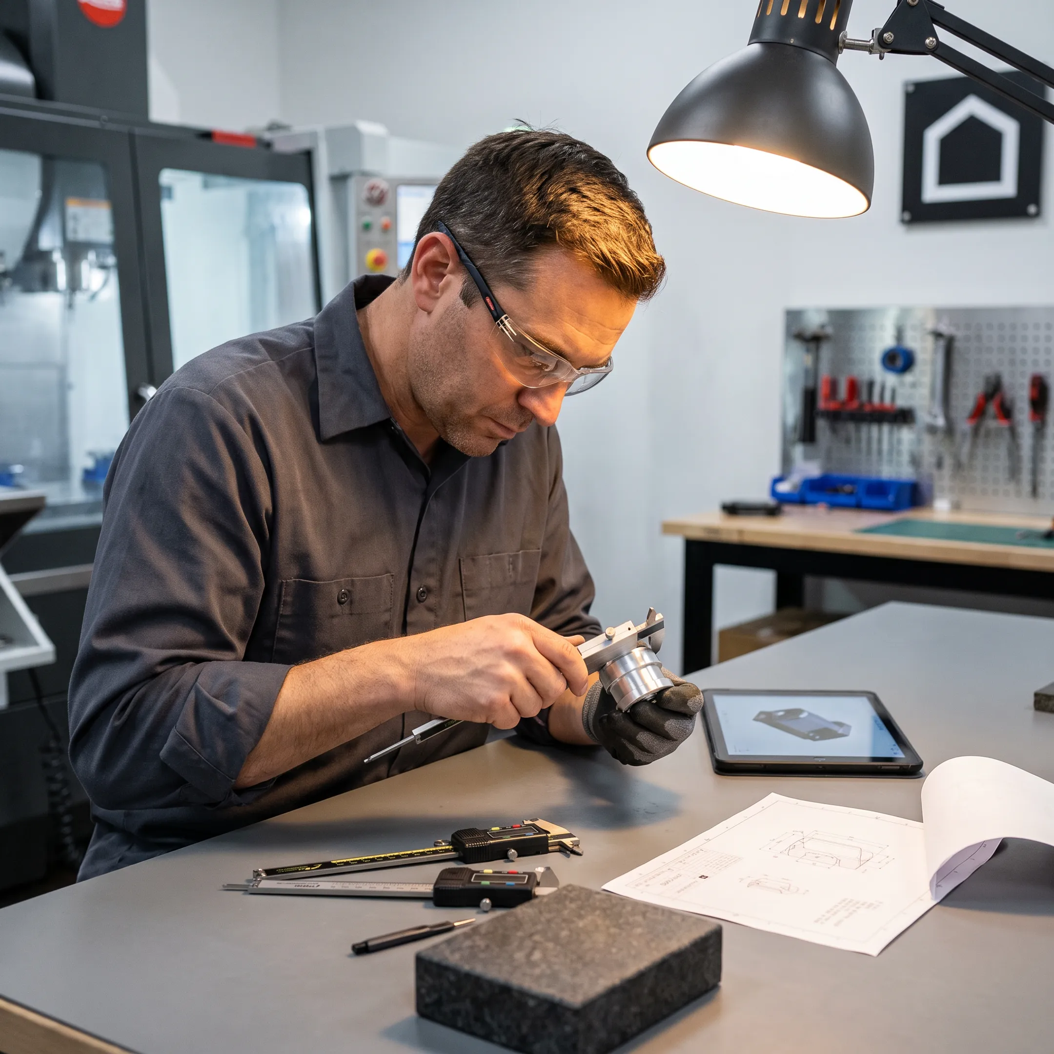 Engineer reviewing a machined prototype part