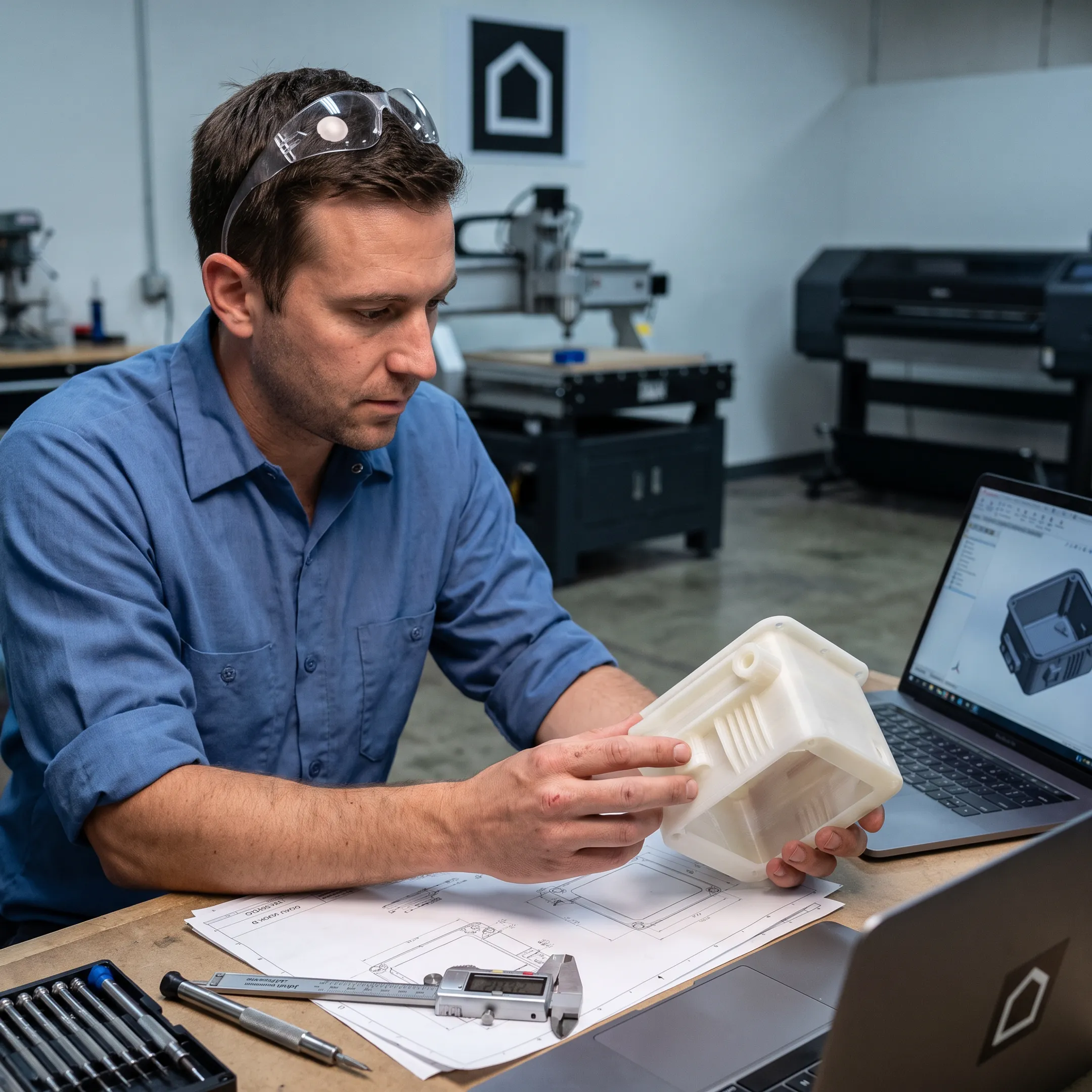 Engineer reviewing a 3D printed prototype