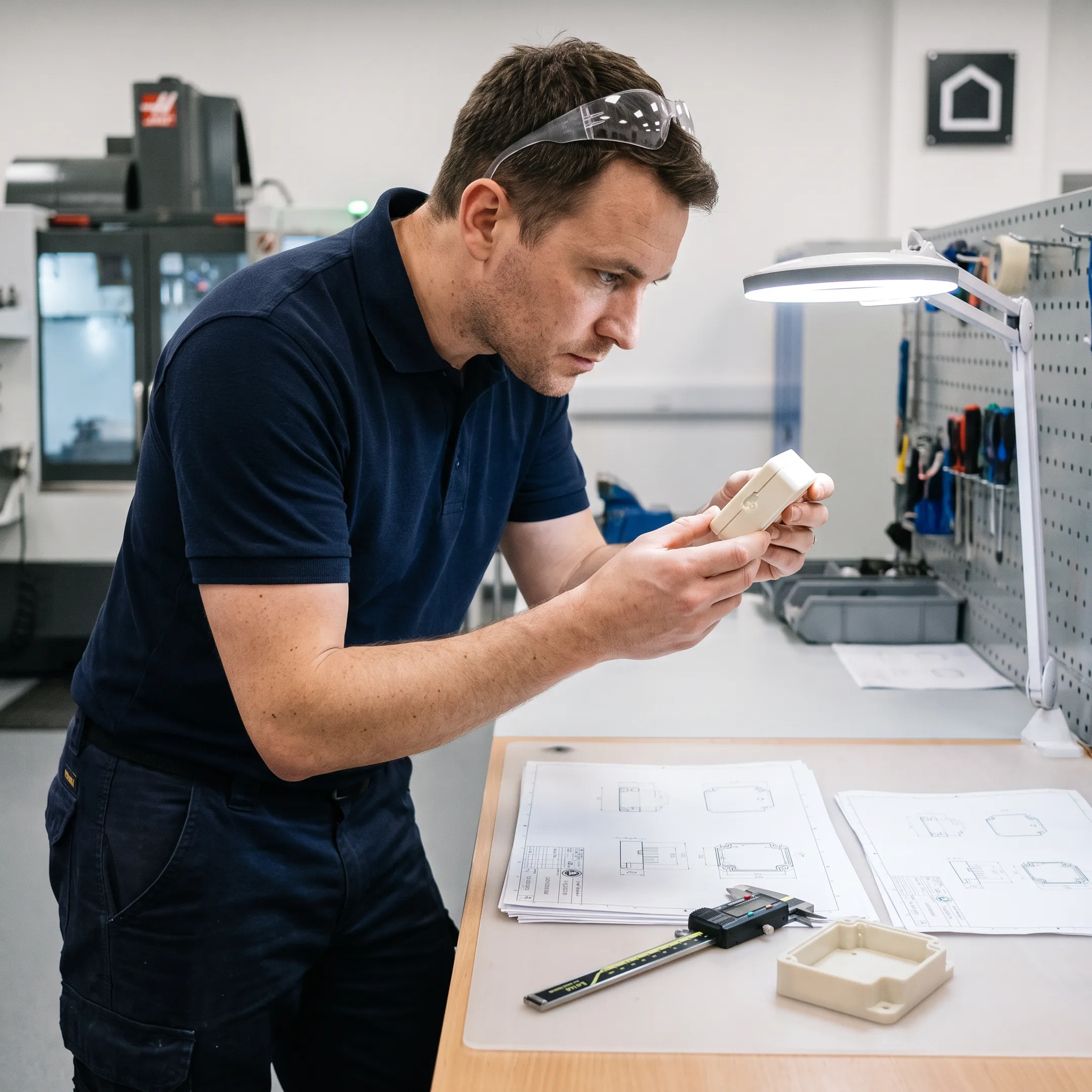 Engineer reviewing a machined plastic prototype