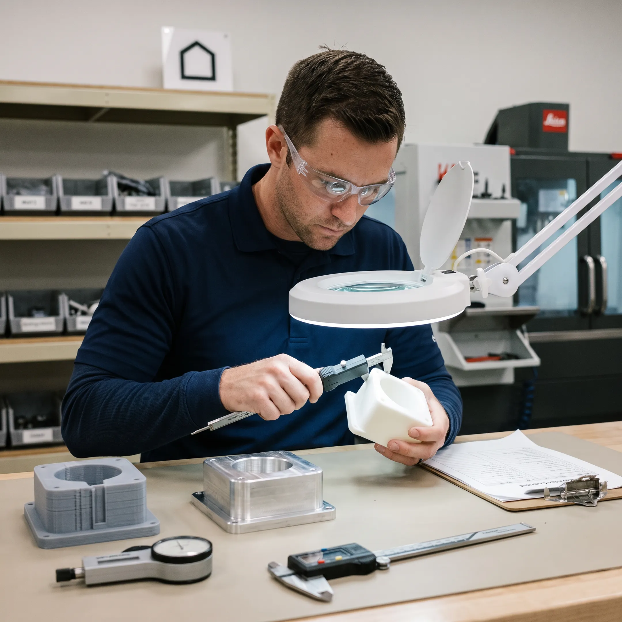 Technician inspecting a manufactured part