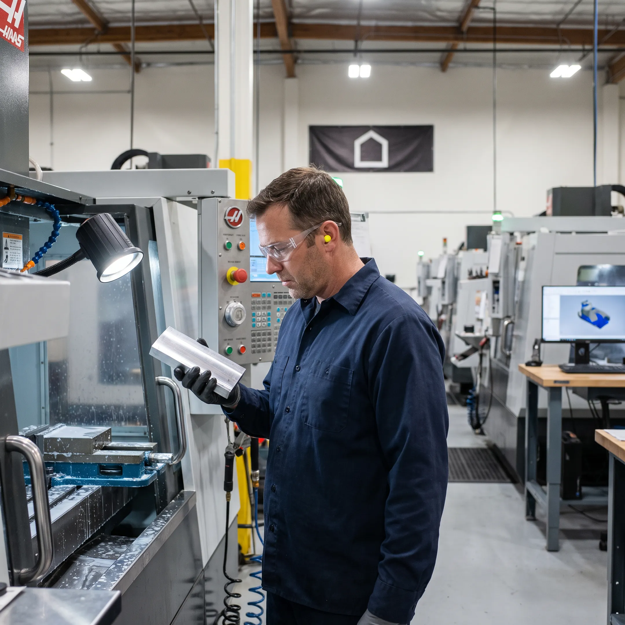 CNC machinist inspecting a precision metal part