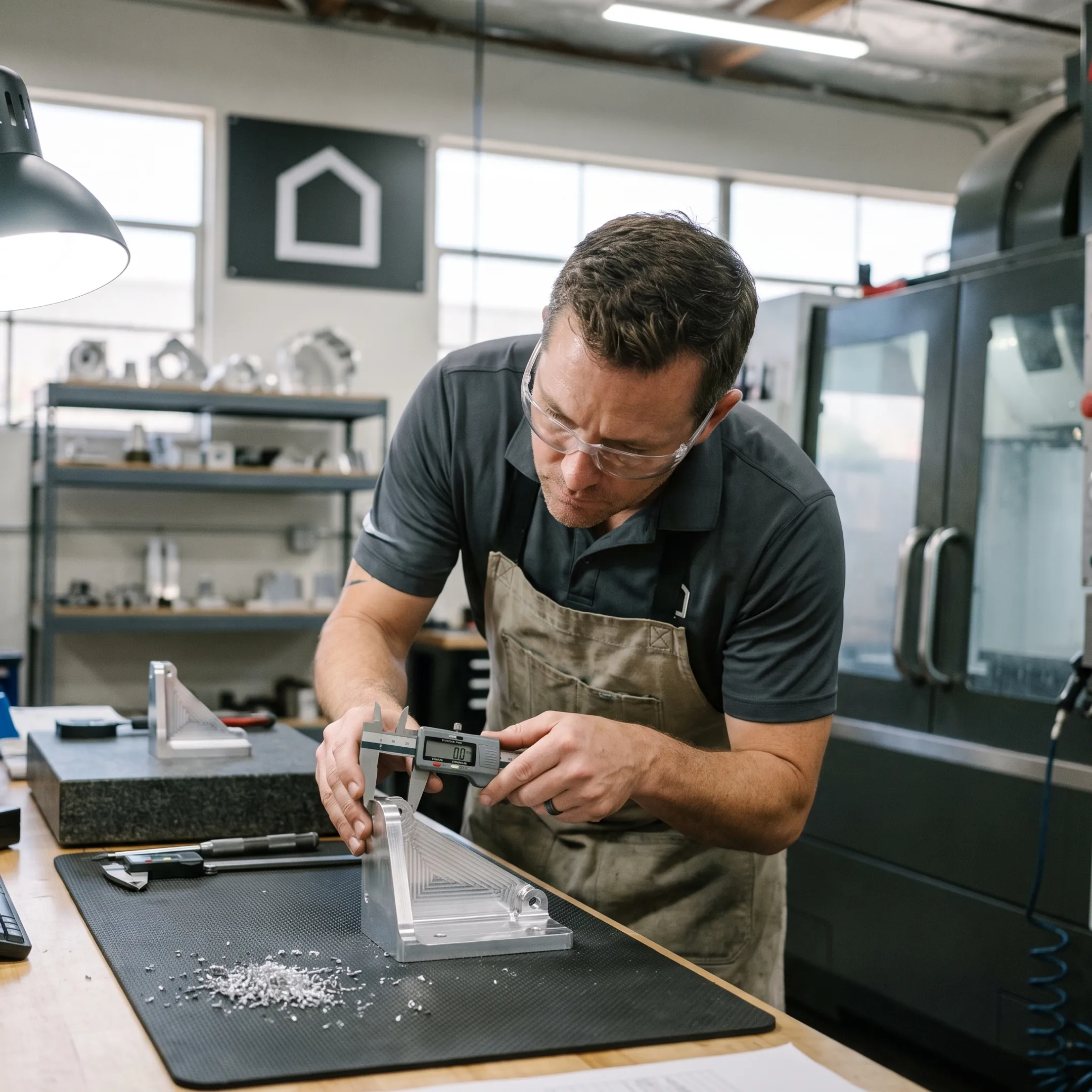Technician inspecting a machined aluminum part