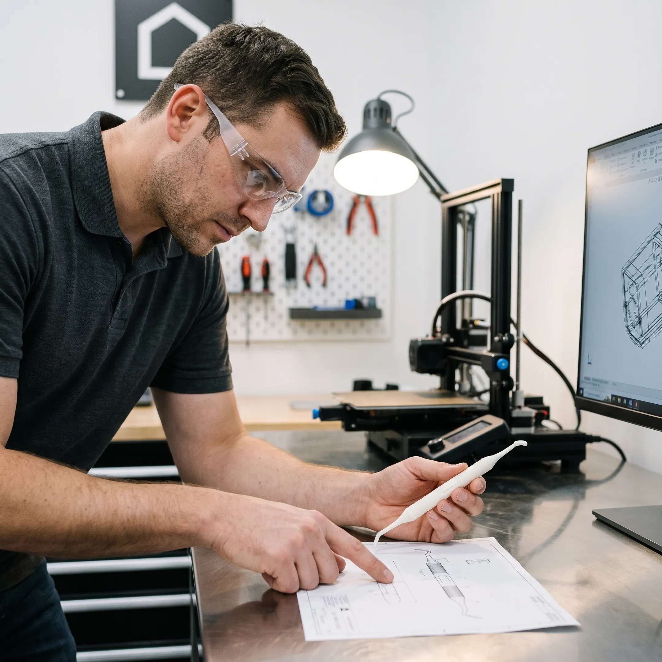 Engineer reviewing a 3D-printed prototype
