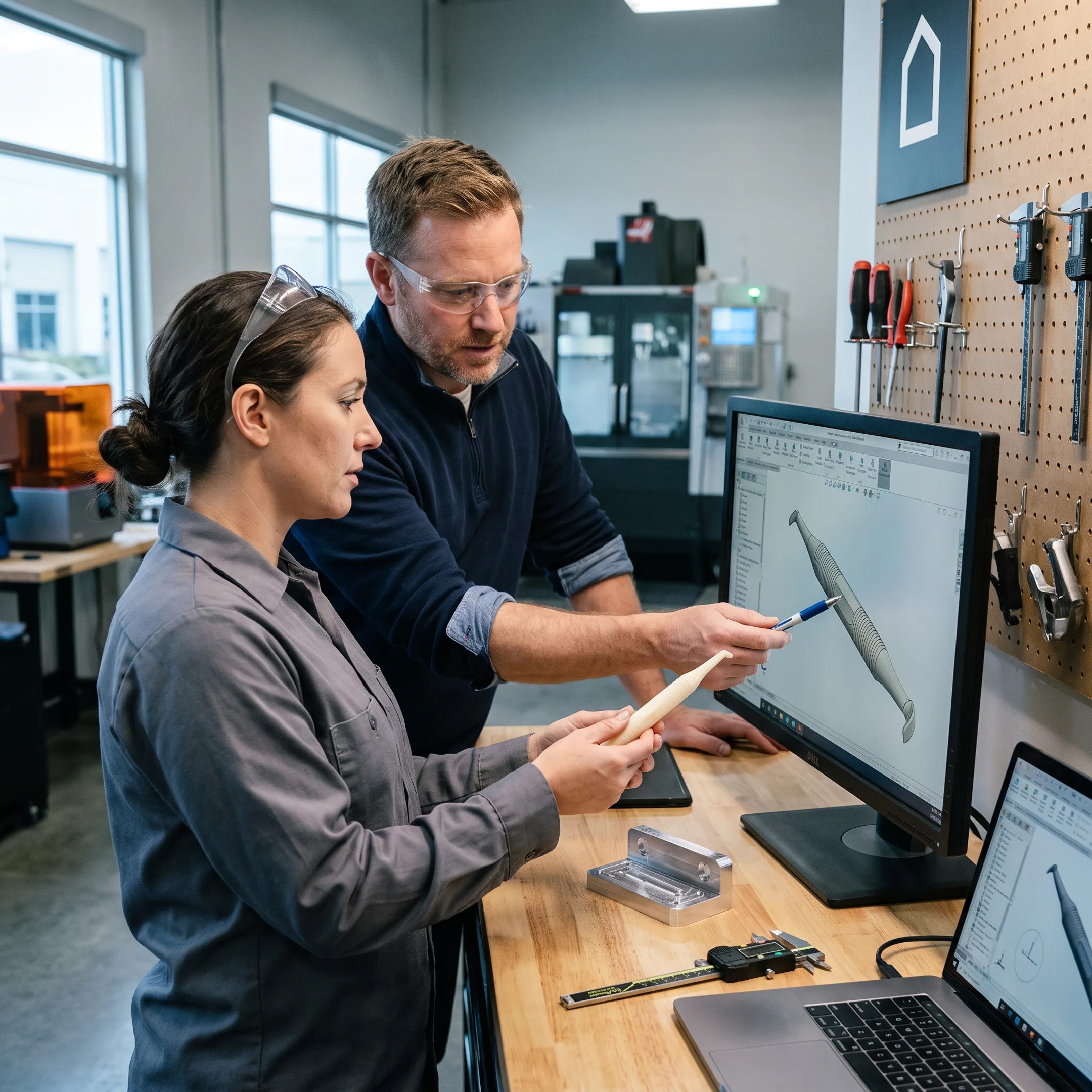 Product development team evaluating prototypes