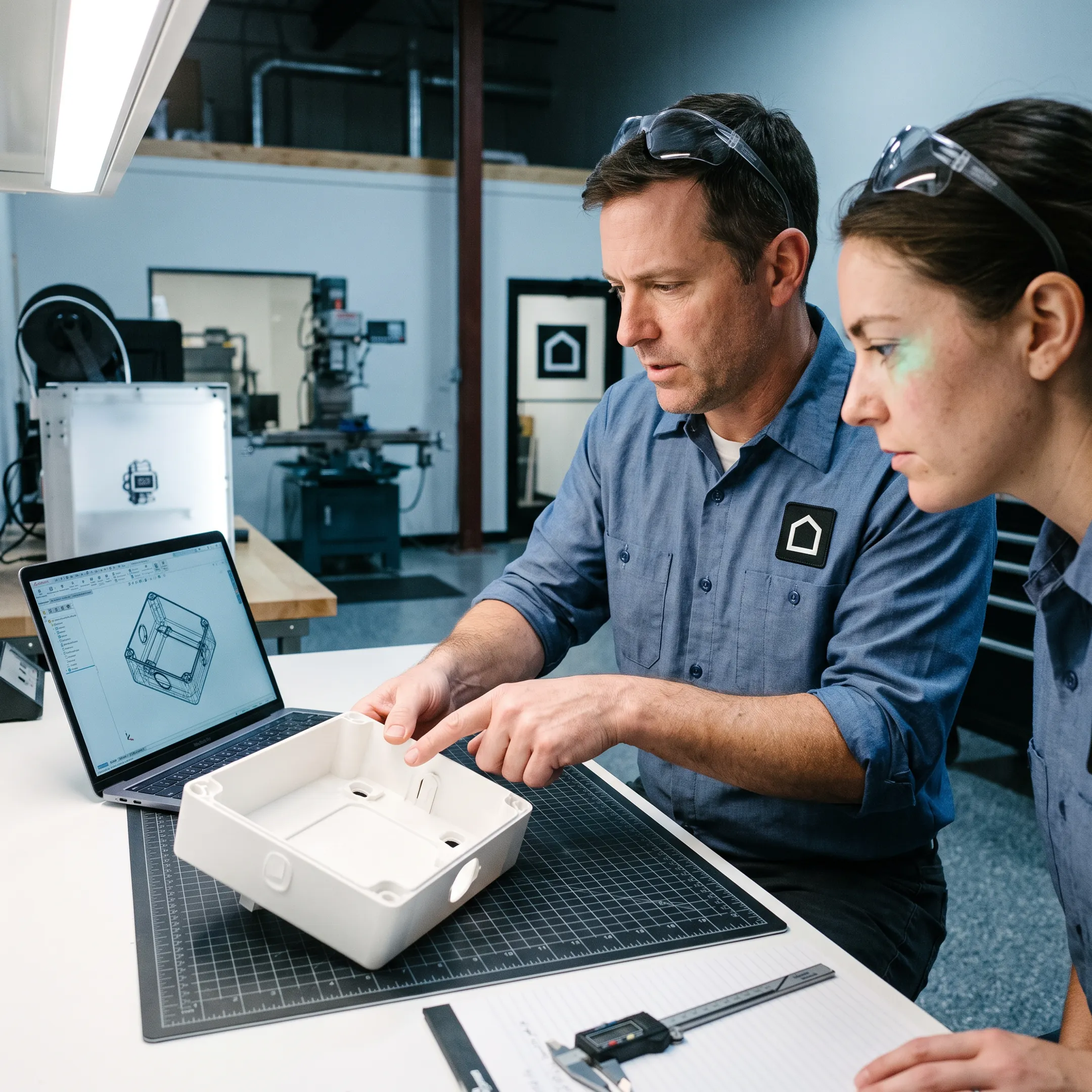 Engineers reviewing molded plastic part design