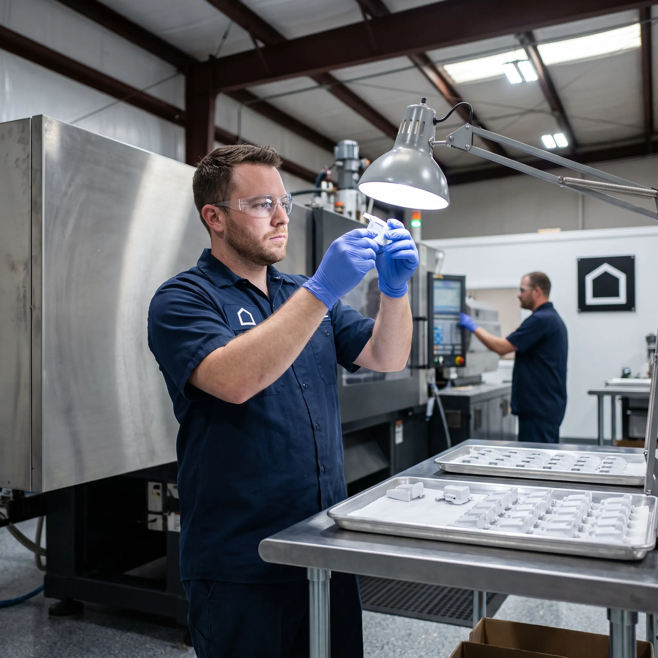 Technician inspecting molded plastic components