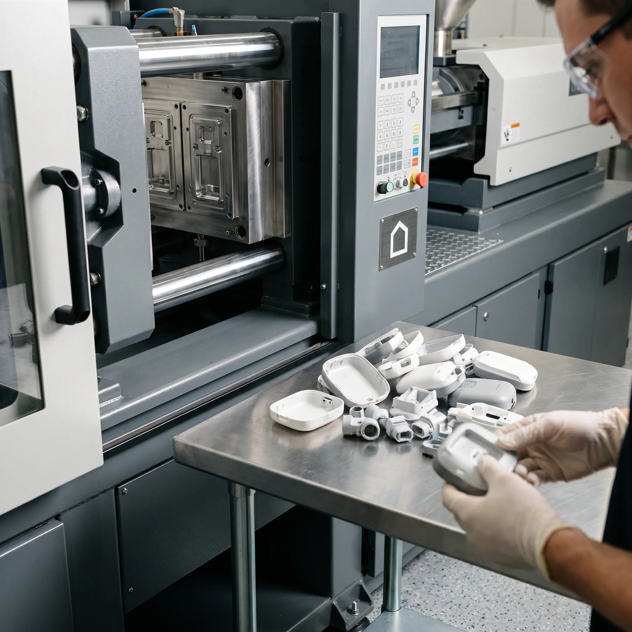 Plastic injection molding machine producing components
