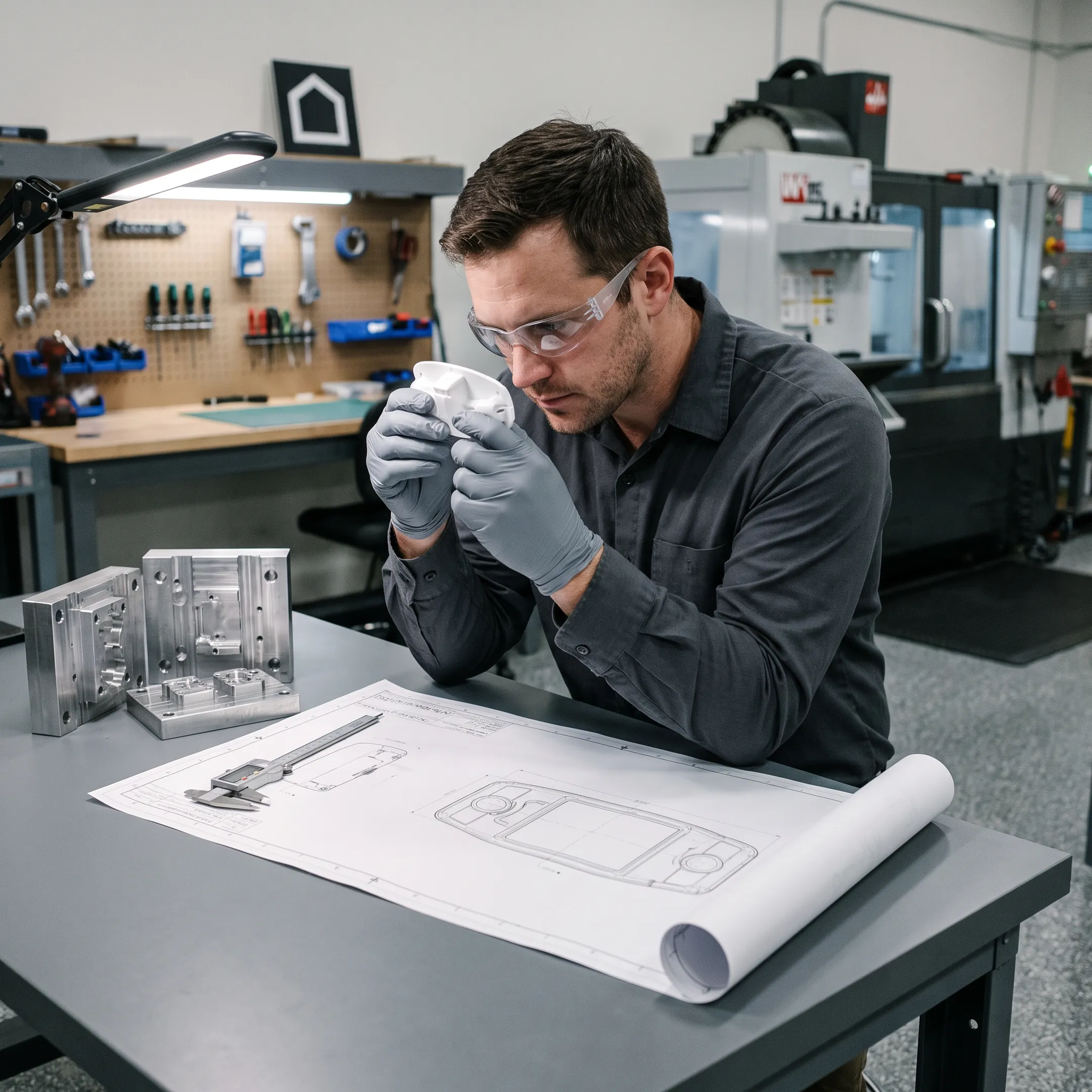 Engineer reviewing molded plastic component