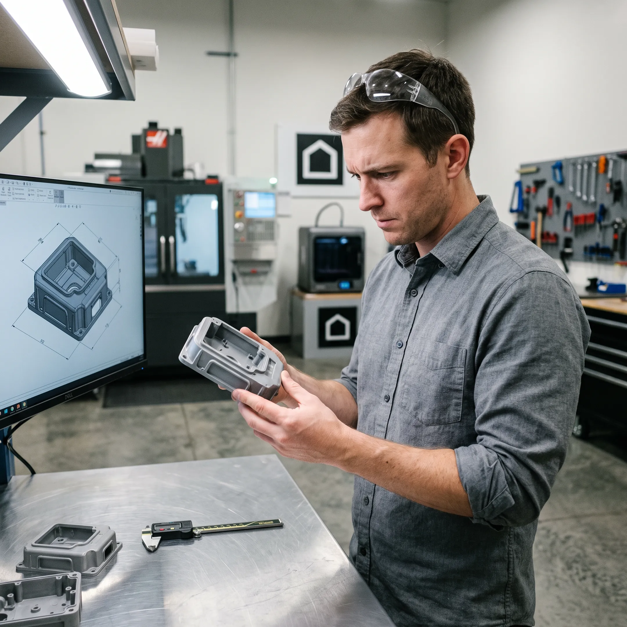 Engineer reviewing a hardware prototype and CAD model