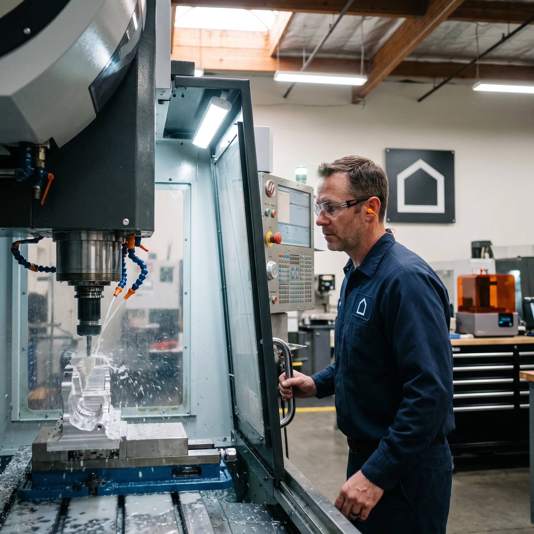 Machinist operating a CNC machine on a precision part