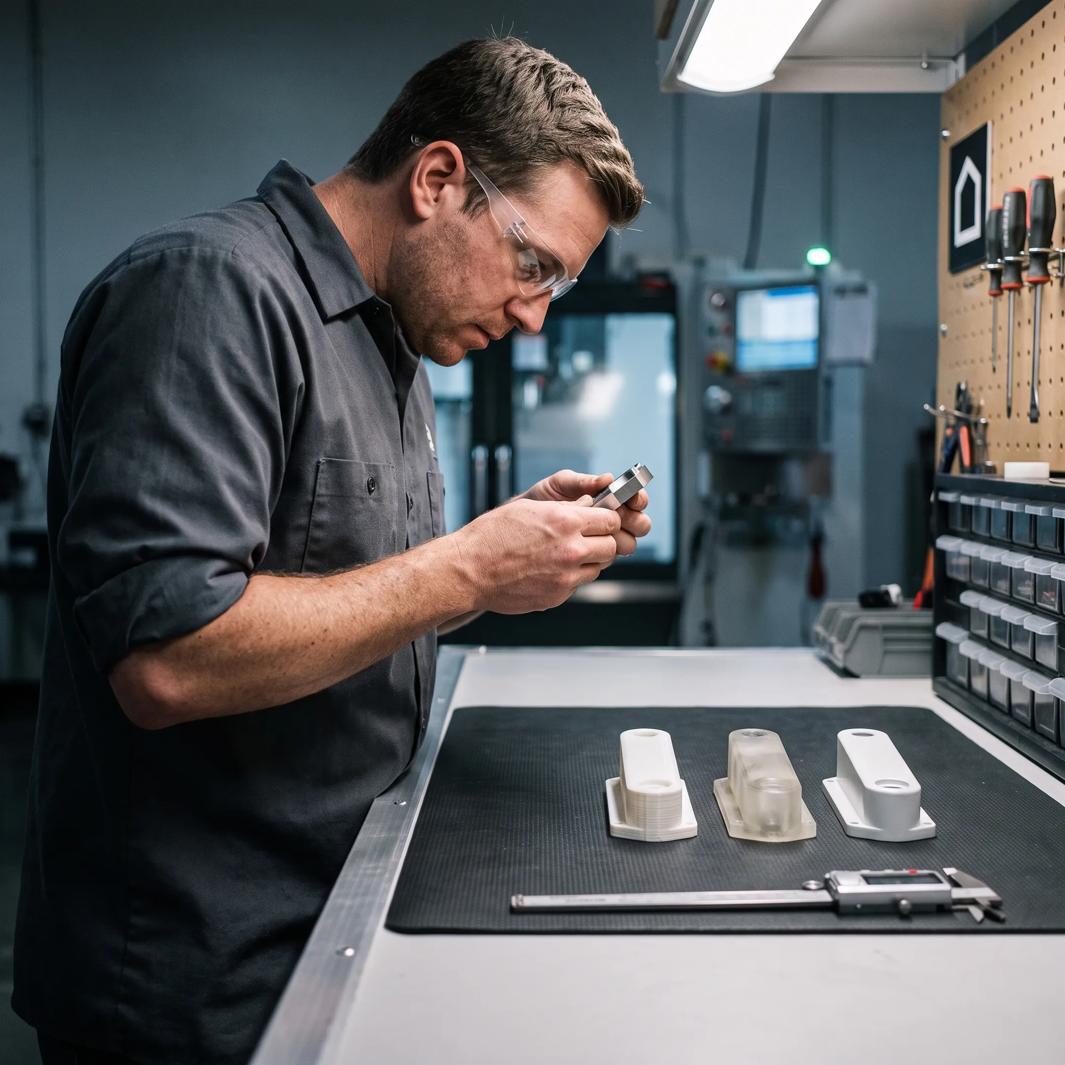 Technician inspecting finished manufactured hardware components