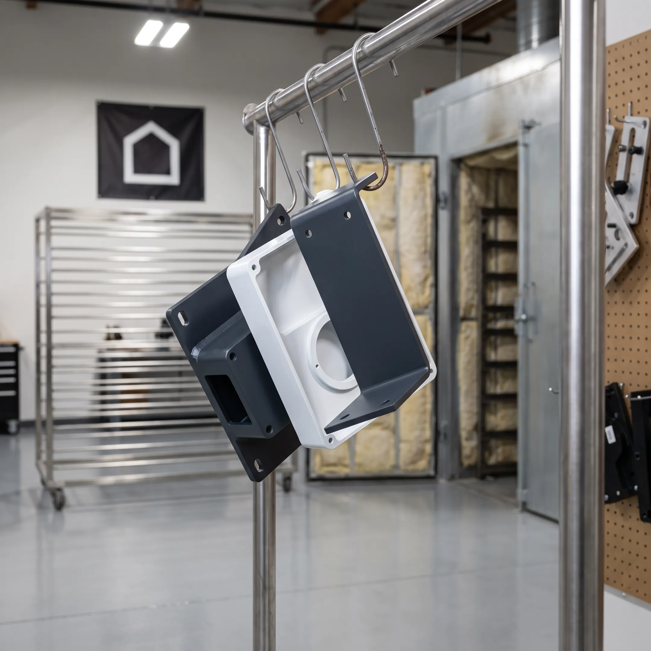 Powder-coated metal components on a production line