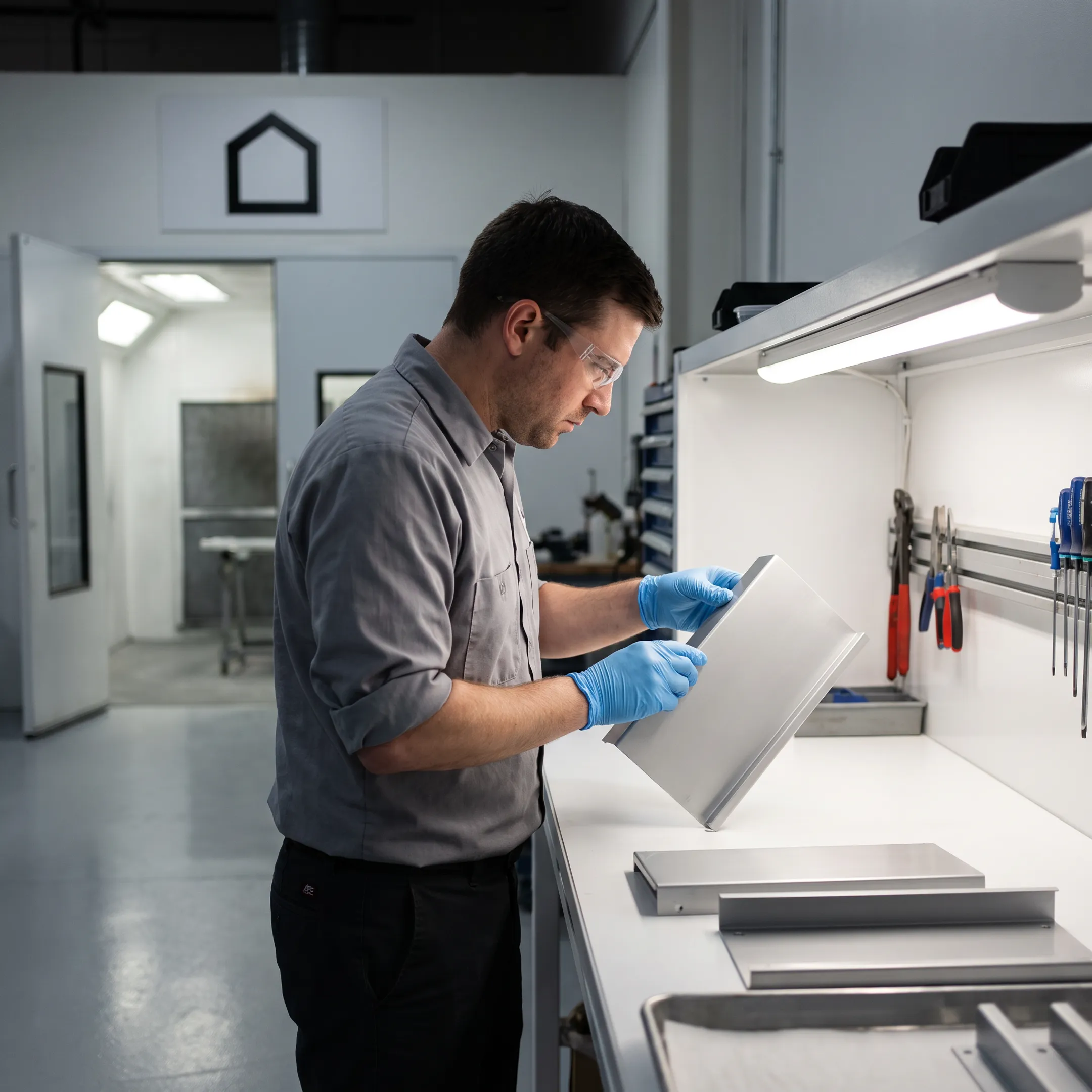 Technician inspecting a finished metal component