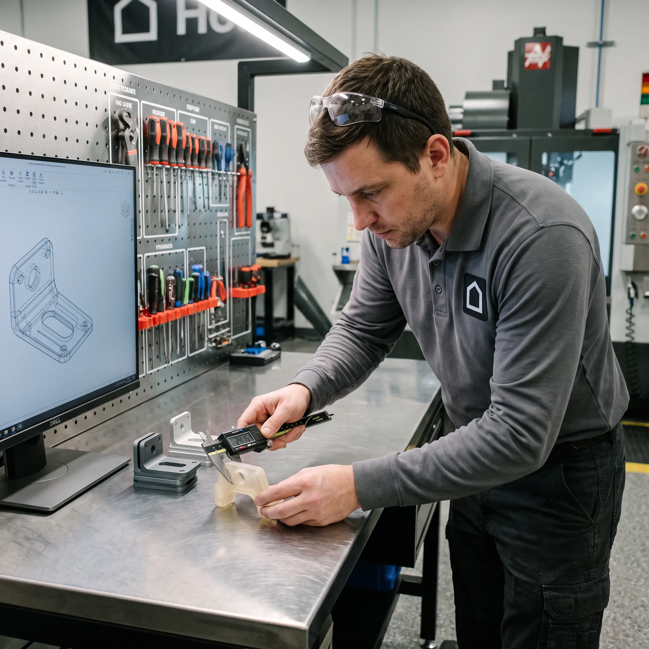 Technician inspecting prototype parts in a manufacturing facility