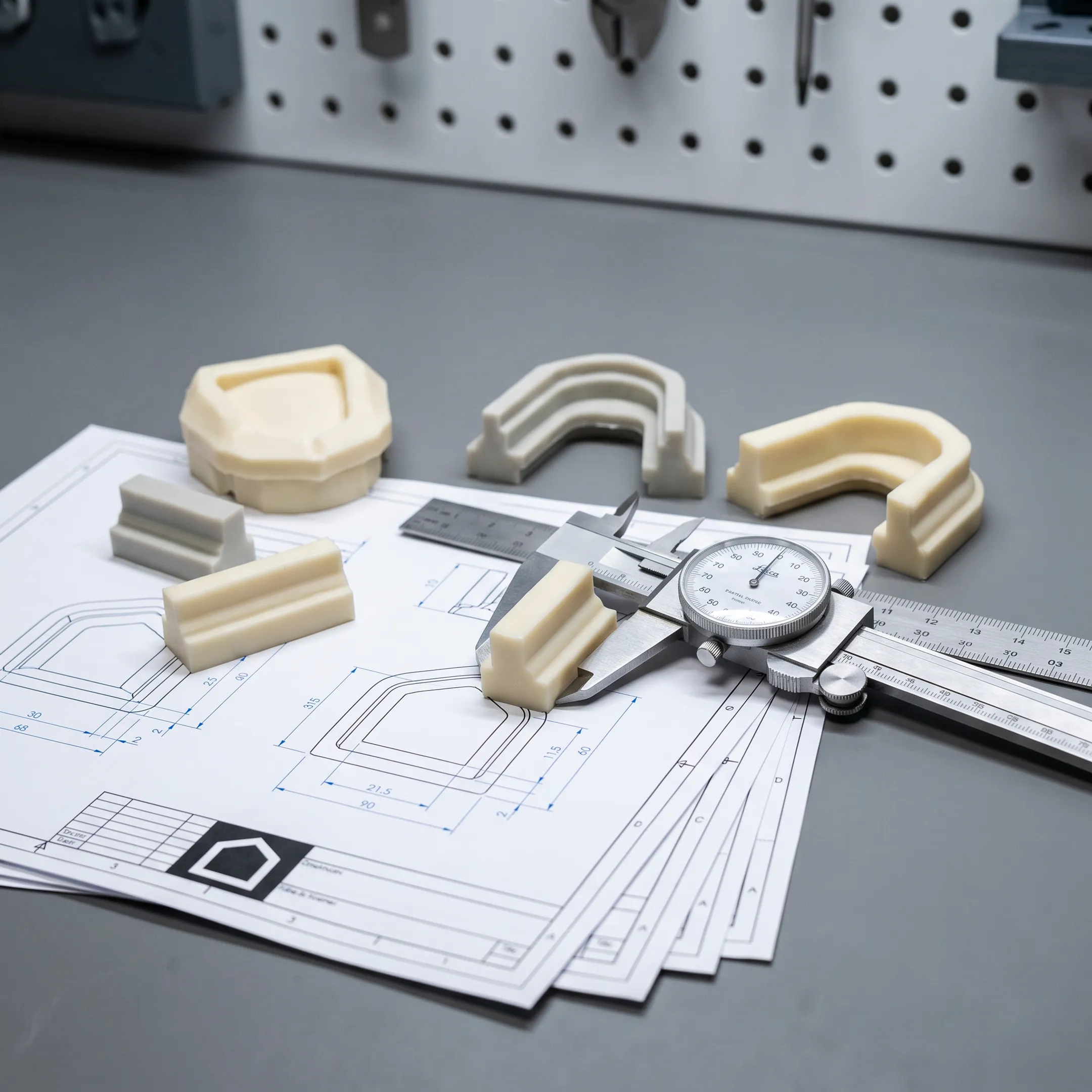 Urethane cast parts on a manufacturing workbench