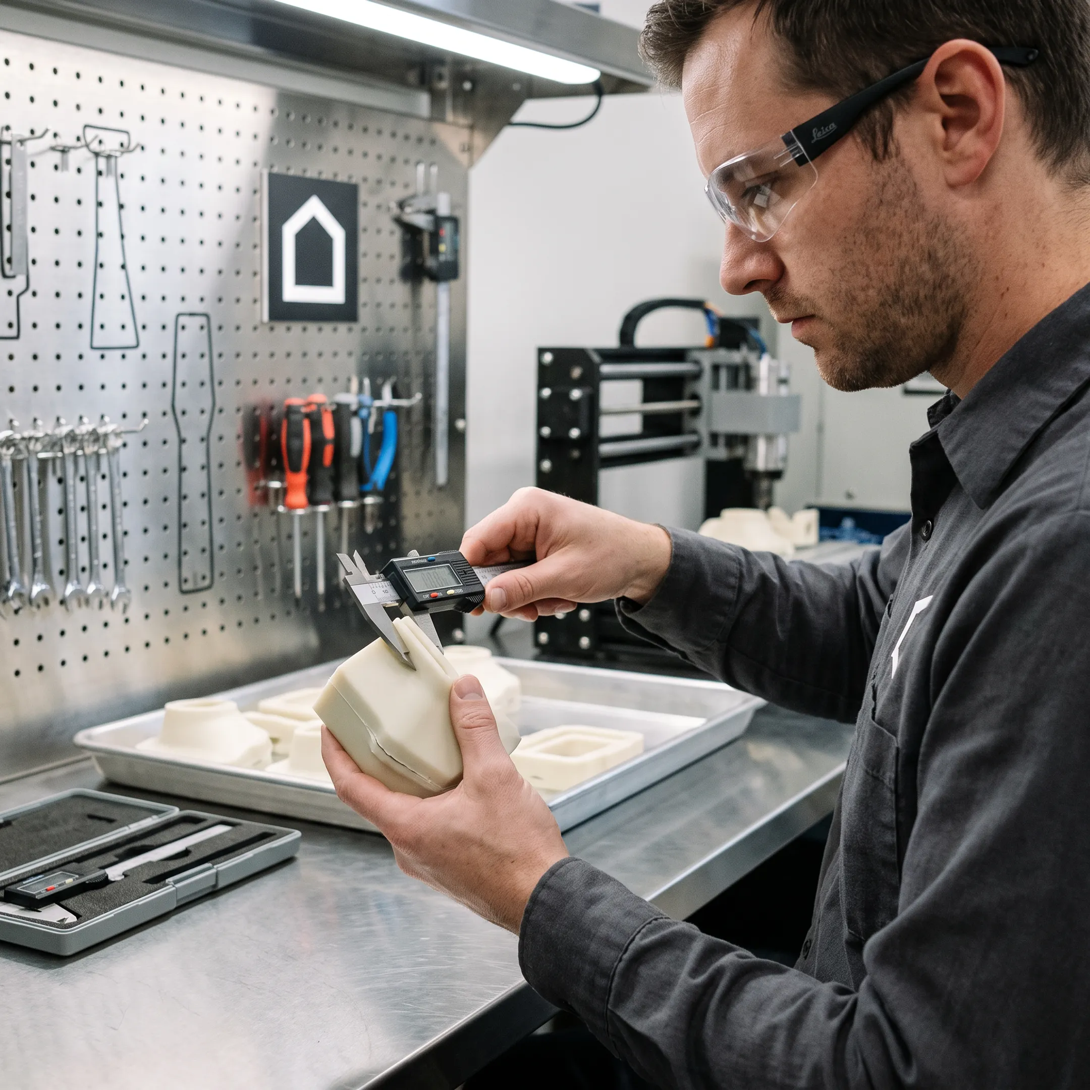 Technician inspecting a urethane cast component