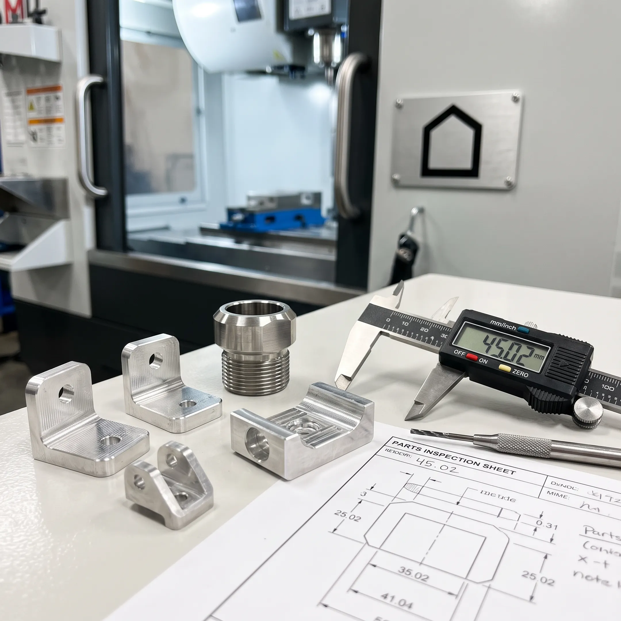 Precision-machined metal components on a CNC workbench