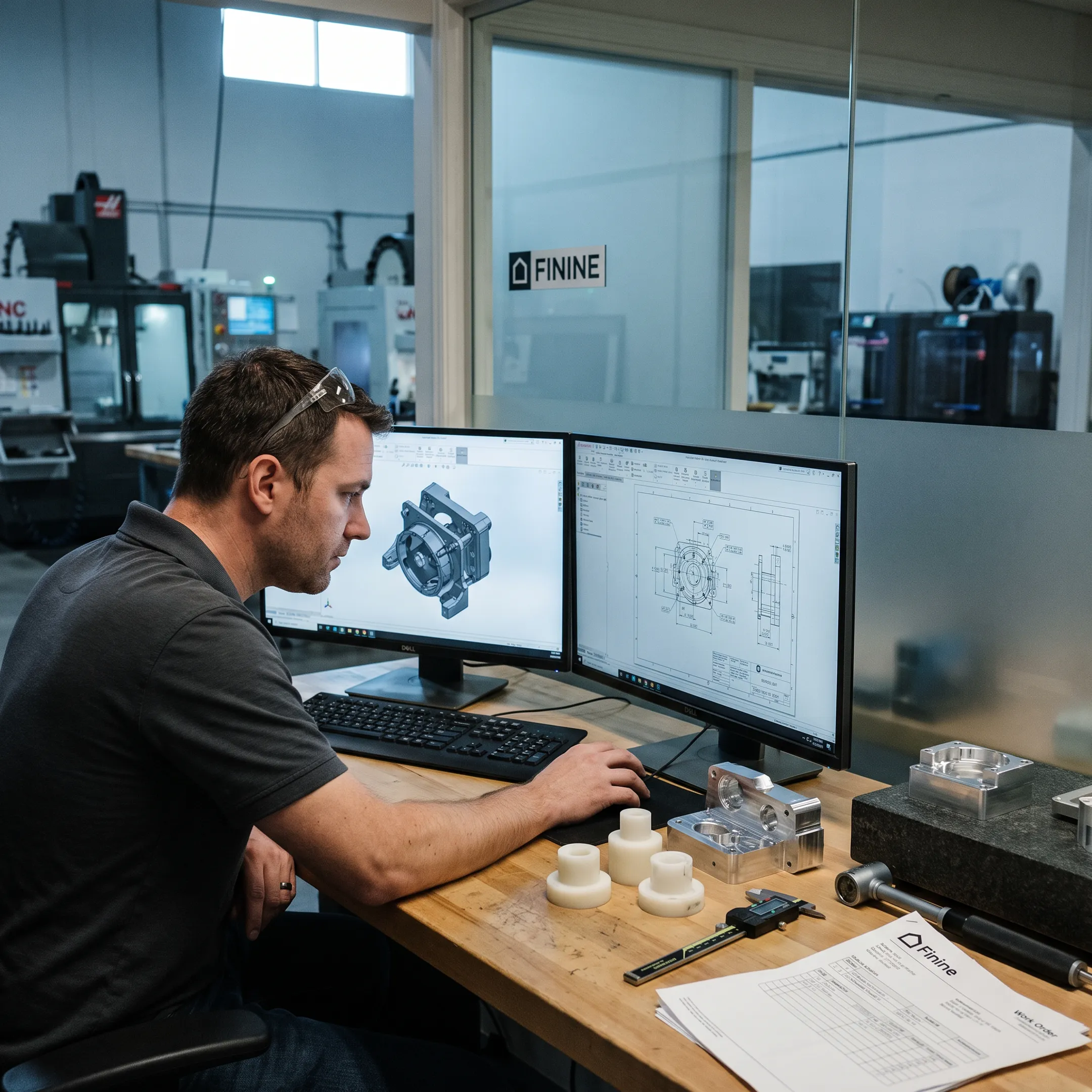 Engineer reviewing a CAD model beside machined parts
