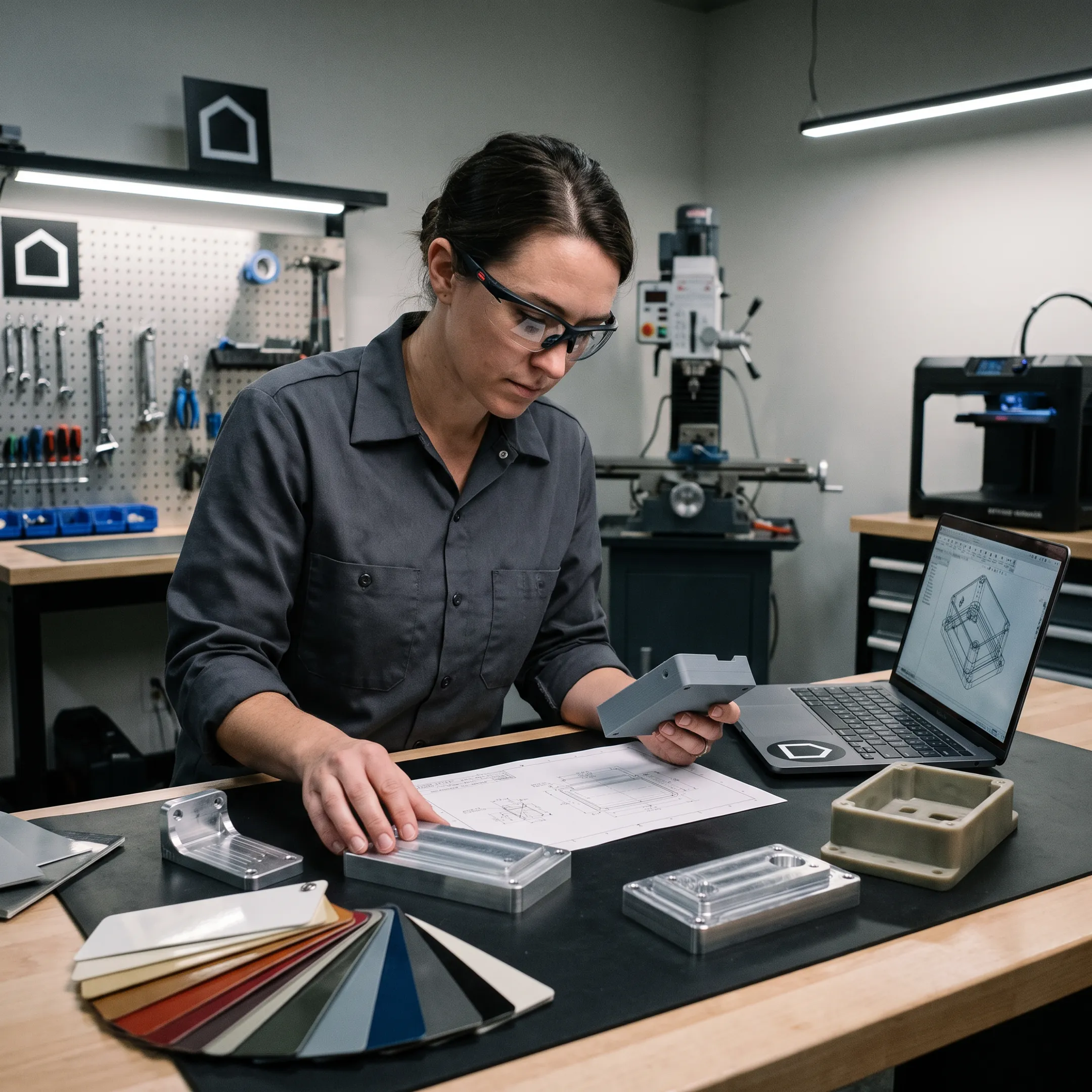 Engineer reviewing prototypes and product designs
