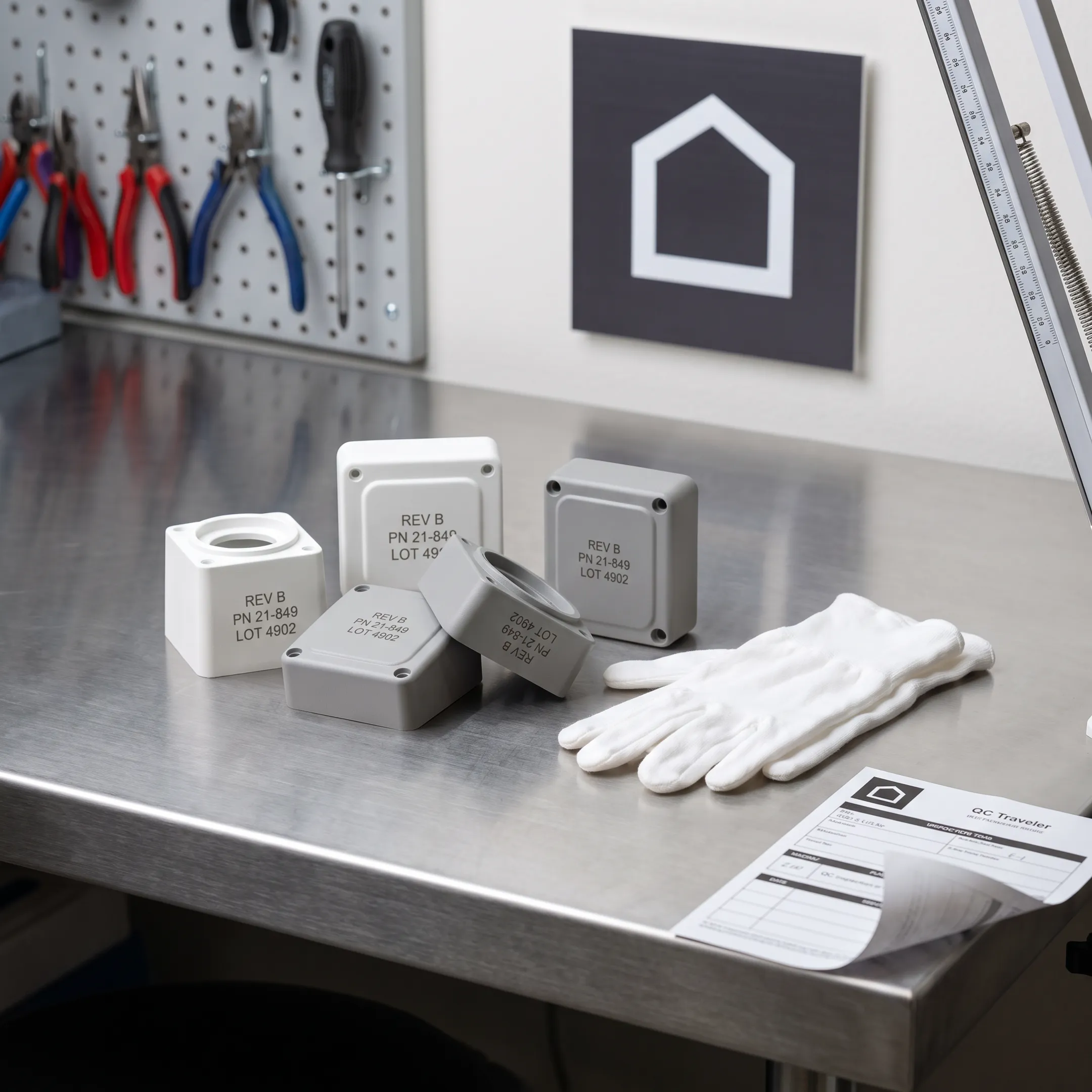 Finished industrial components arranged for quality review