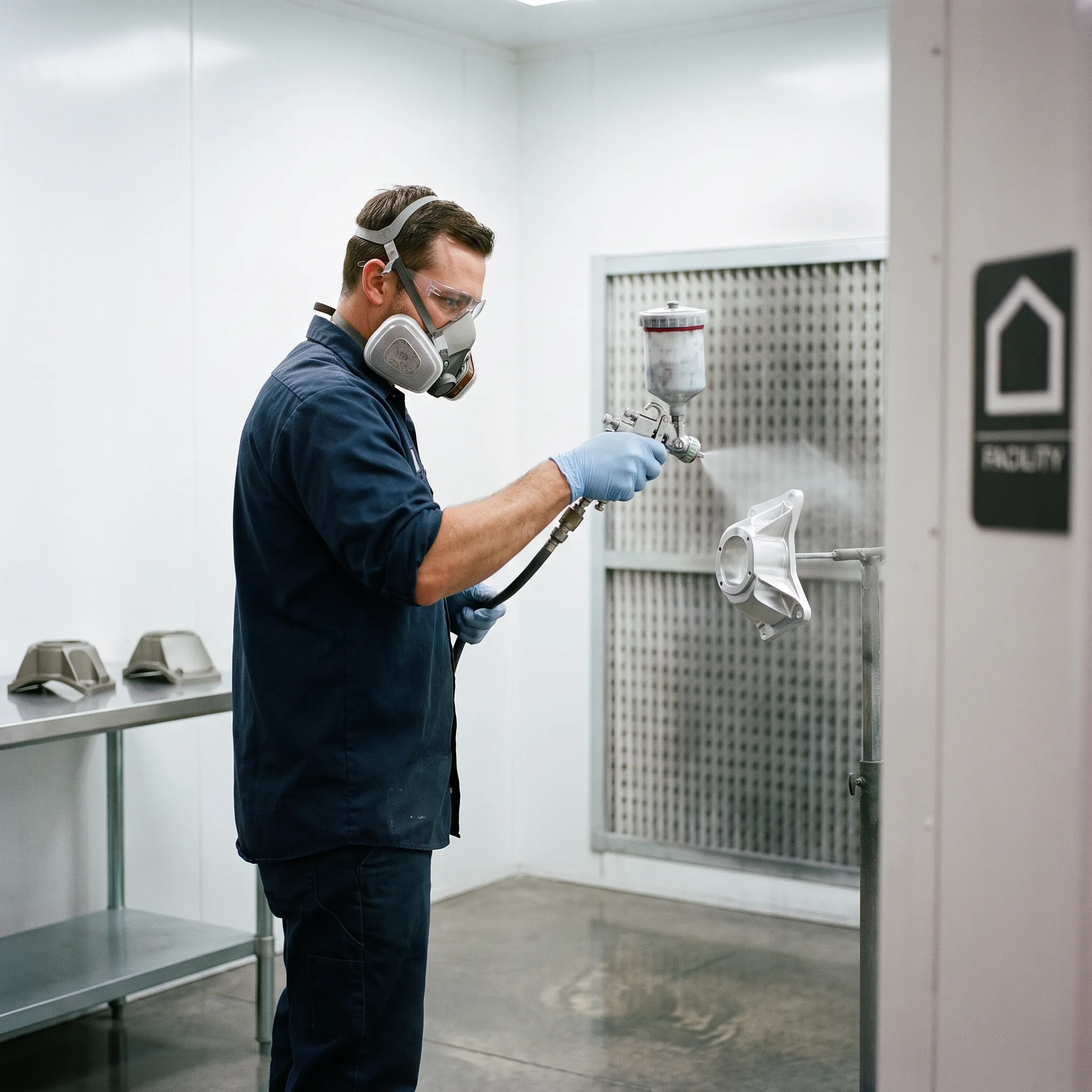 Technician applying a durable finish to a manufactured component
