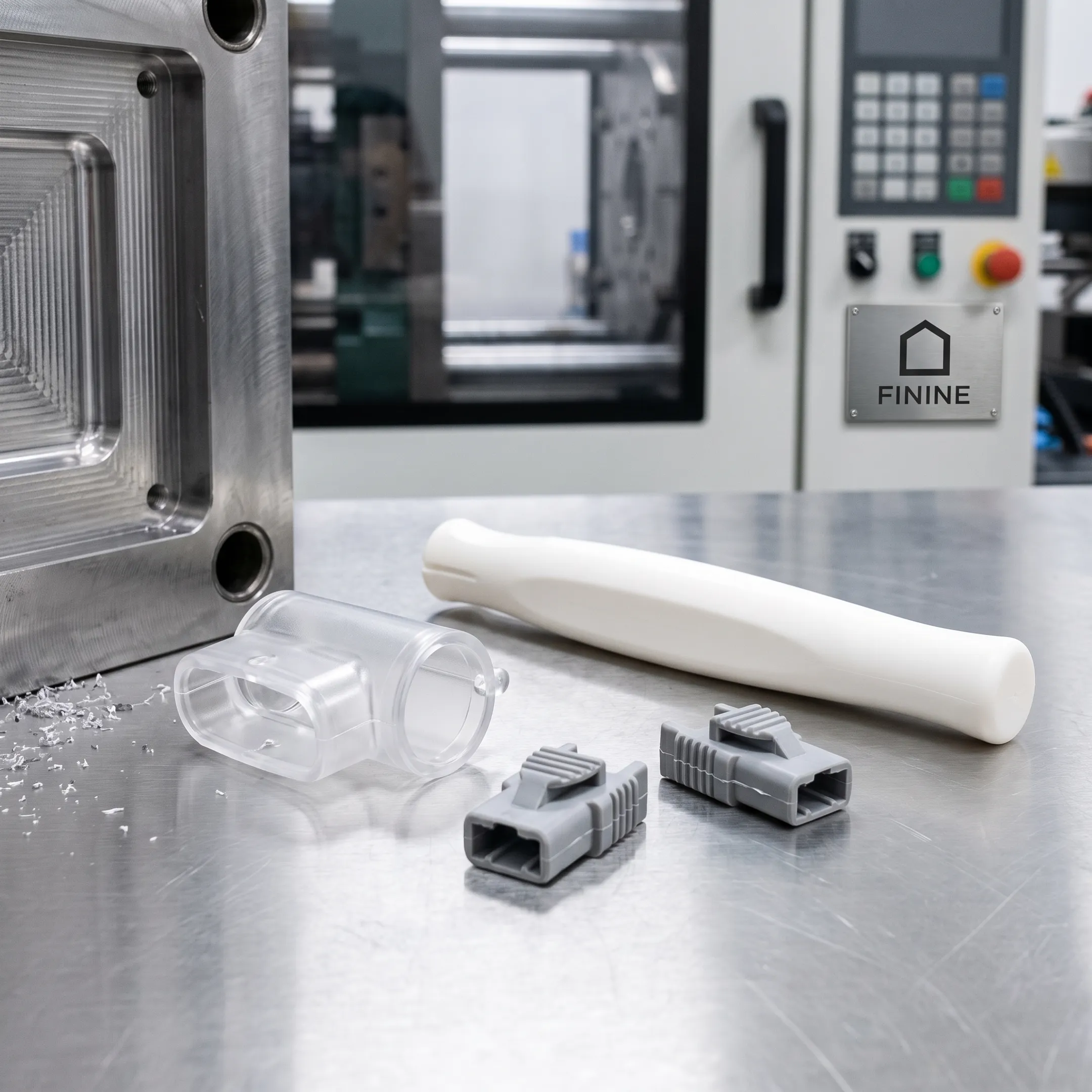 Plastic injection molded components on a production table