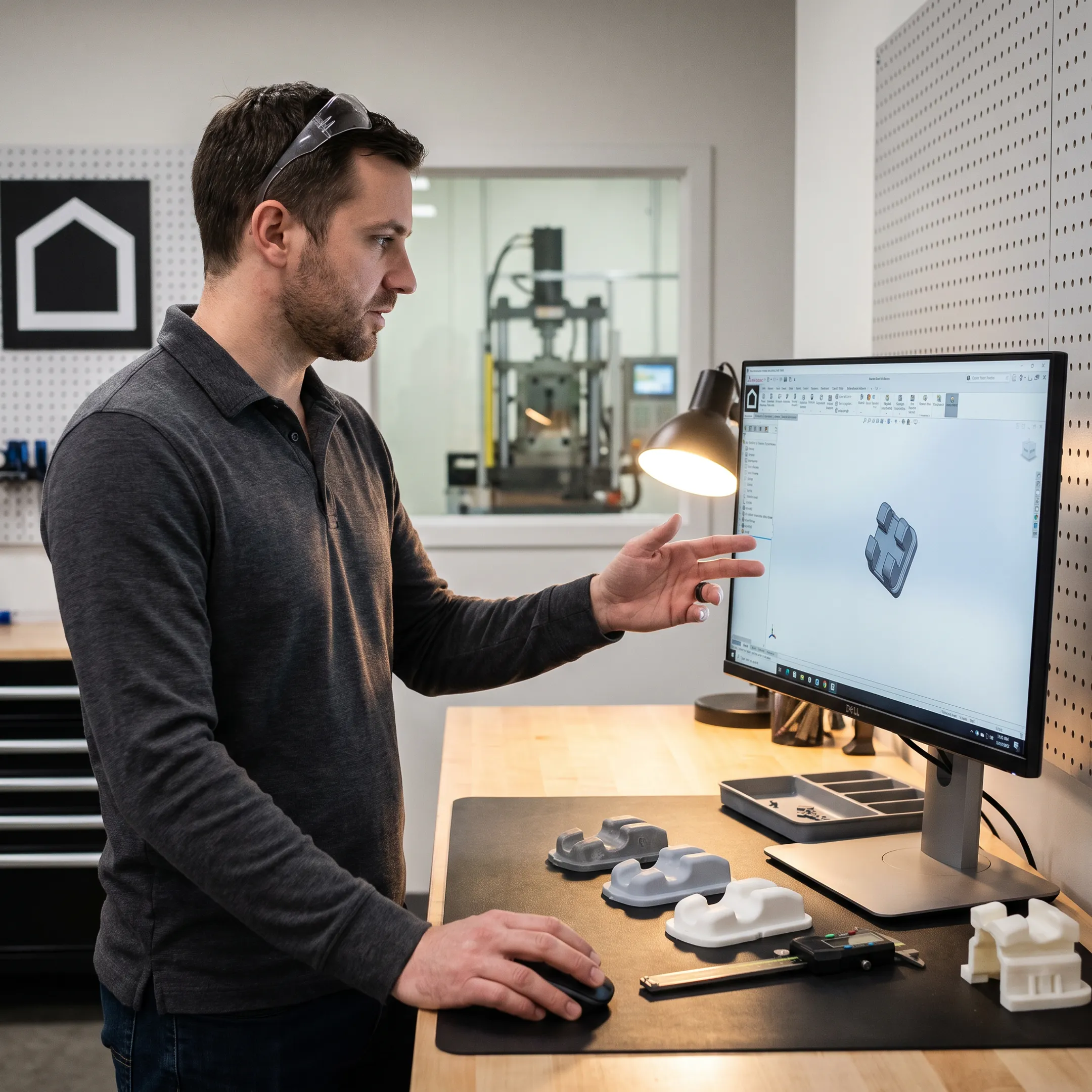 Engineer reviewing plastic part design and molded samples