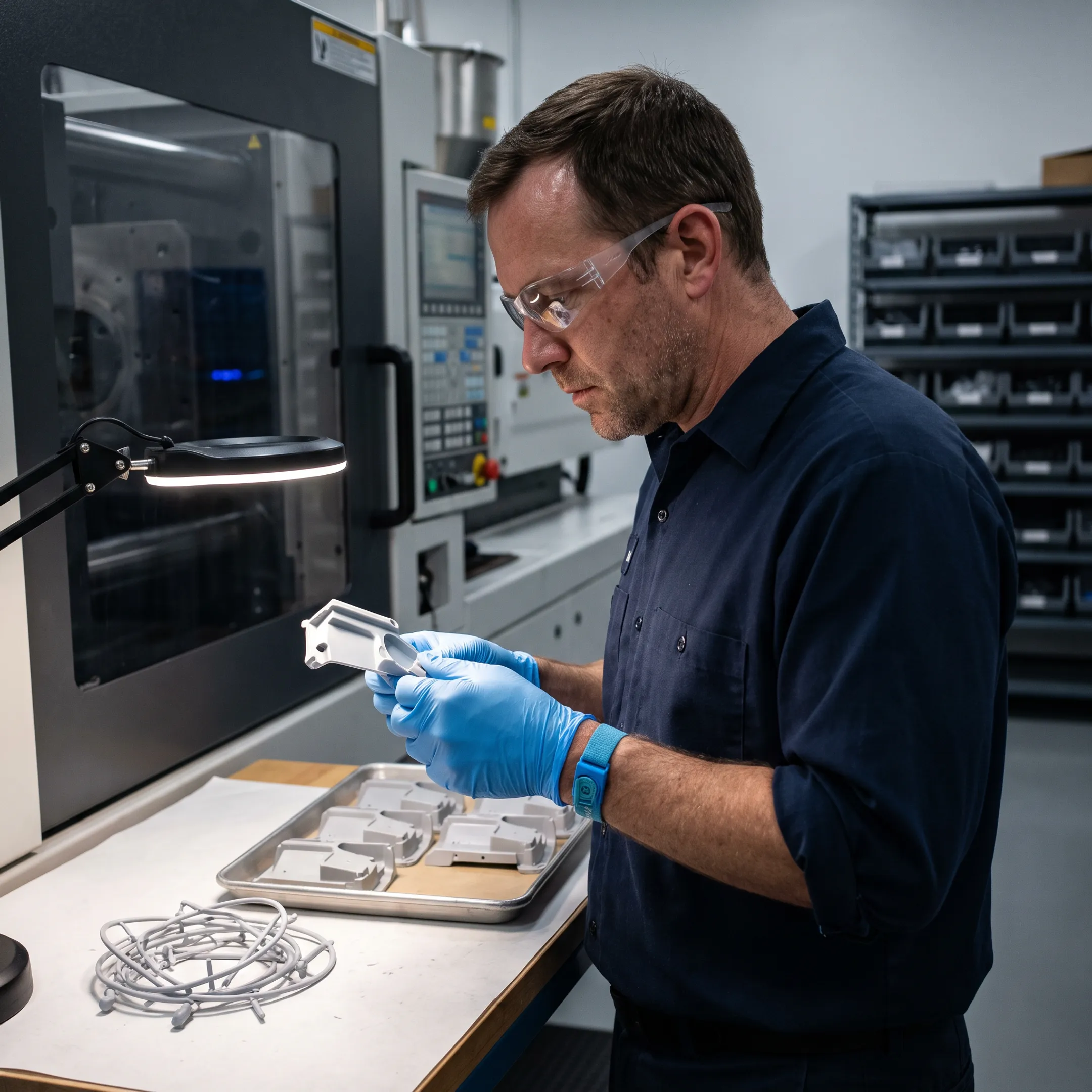 Technician inspecting molded plastic components
